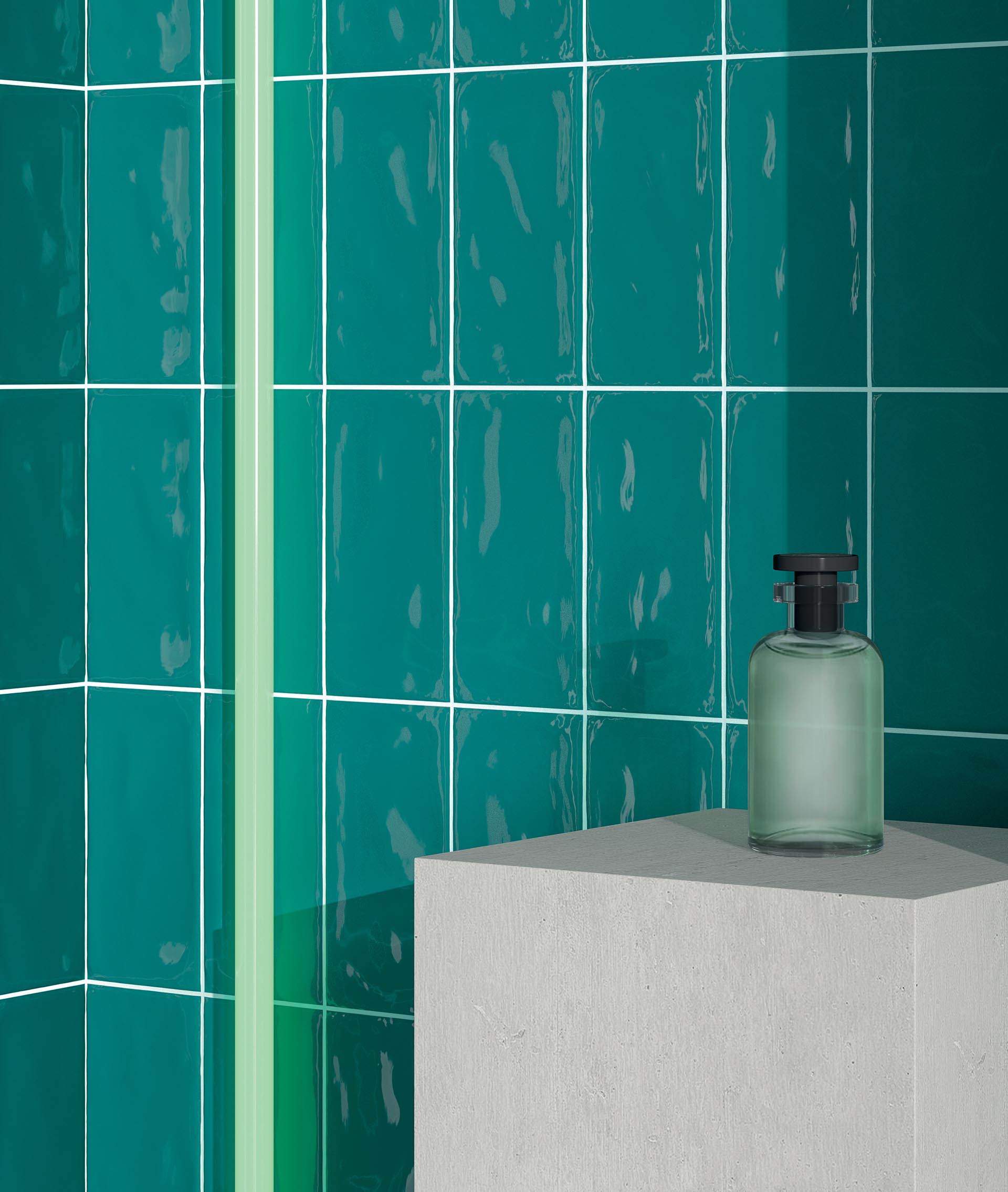 Blue-green tiles combine the tranquil effects of blue with the optimistic feeling of green.