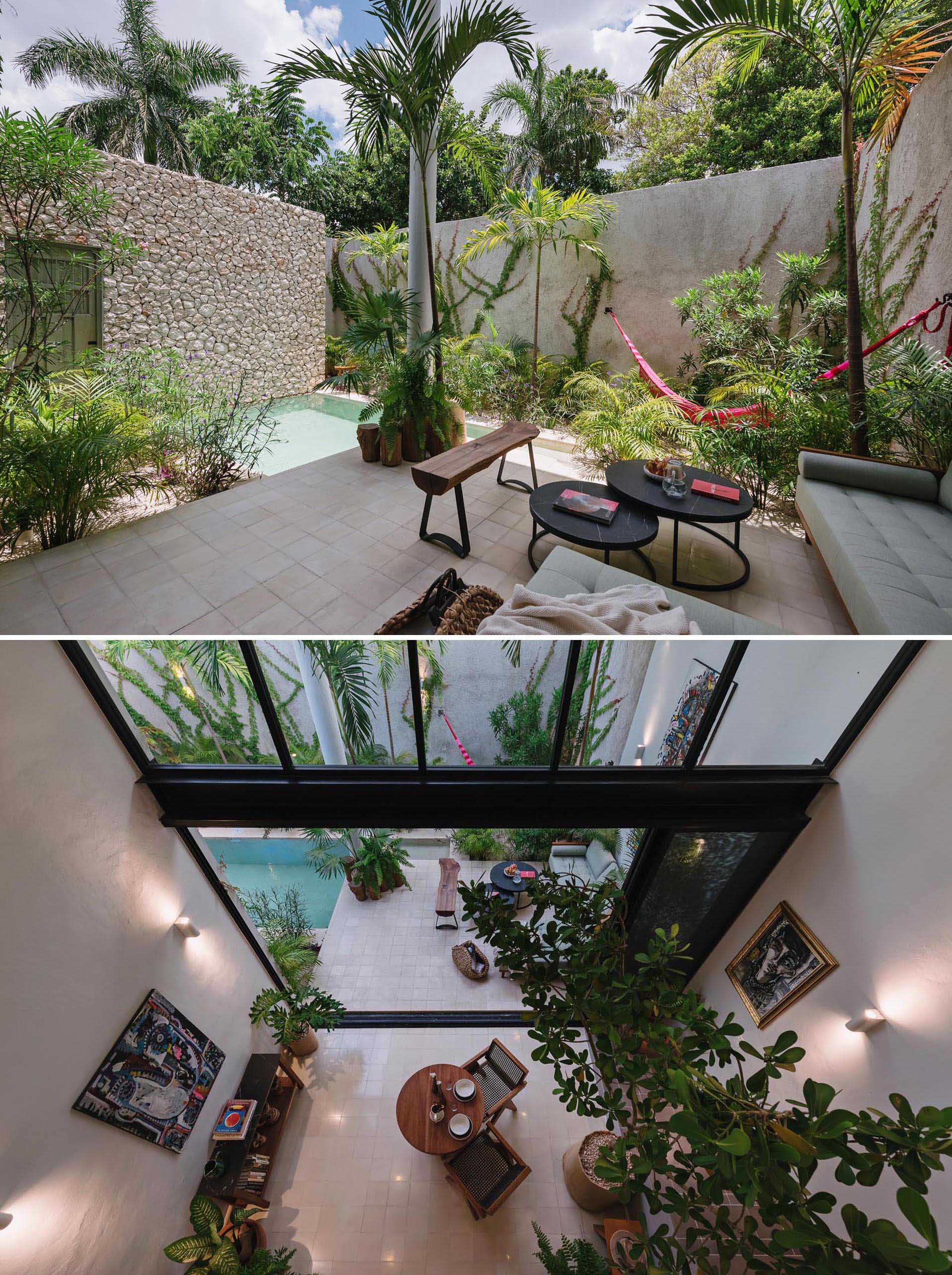 An outdoor living room with a comfortable sofa, a hammock surrounded by tropical plants, and a small swimming pool.