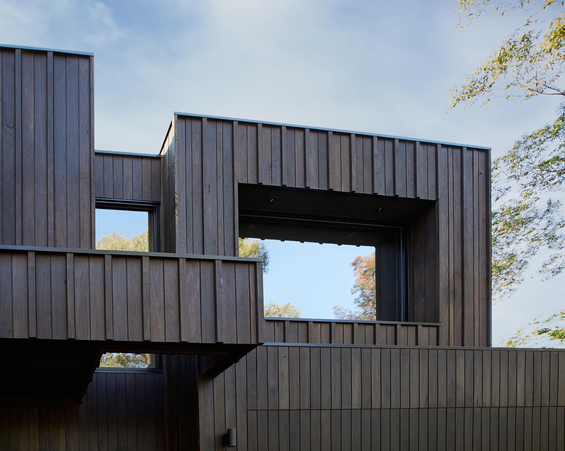The exterior of this modern home showcases Blackbutt timber cladding that's accented by black metal window frames.