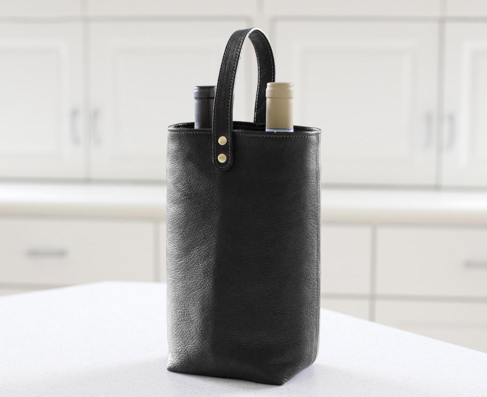 Gift Idea - Modern black leather wine tote for two.