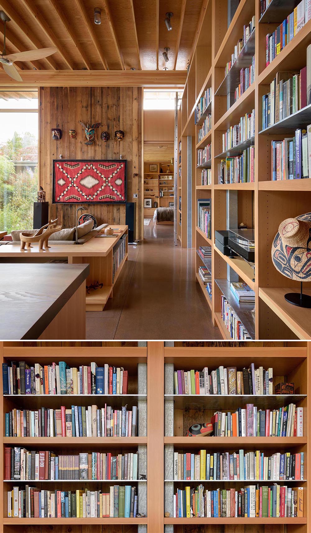 A cabin with floor-to-ceiling bookshelves.