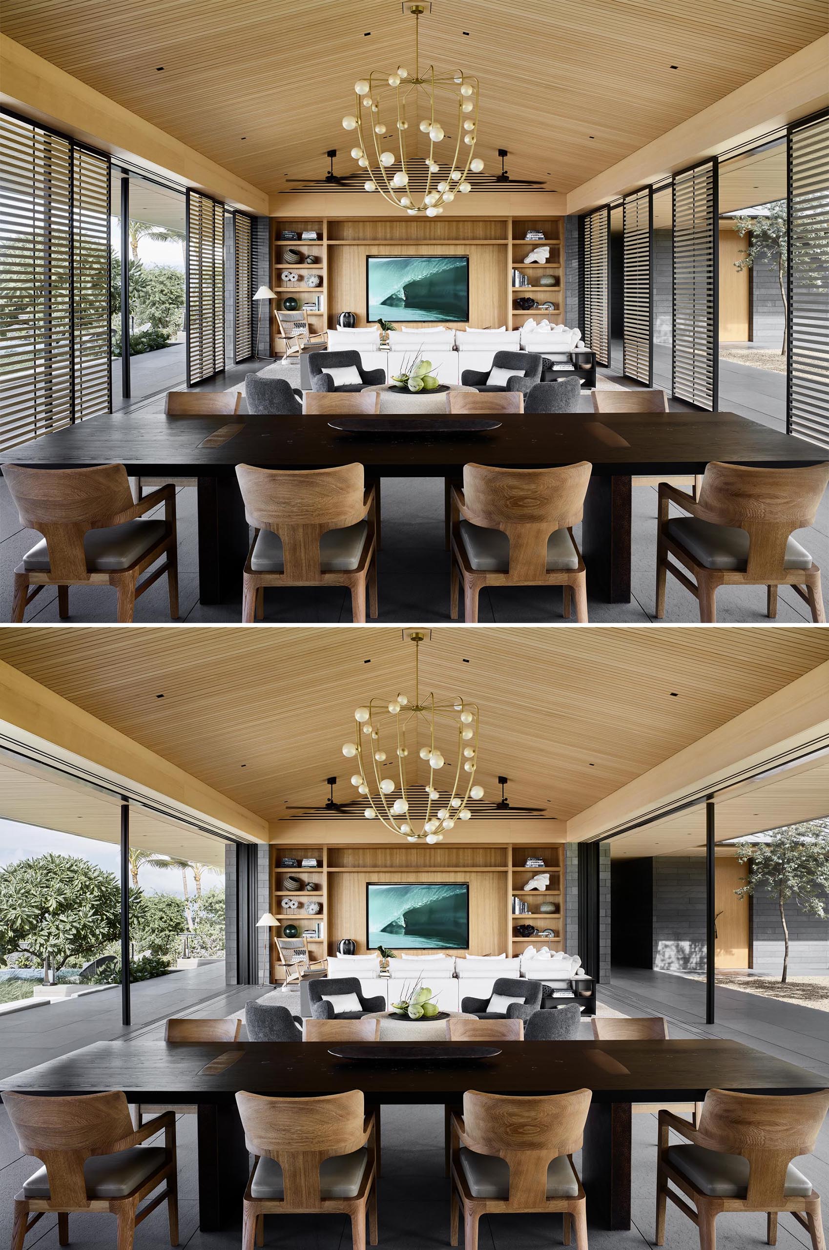 Screens and glass walls open this great room to the outdoors.