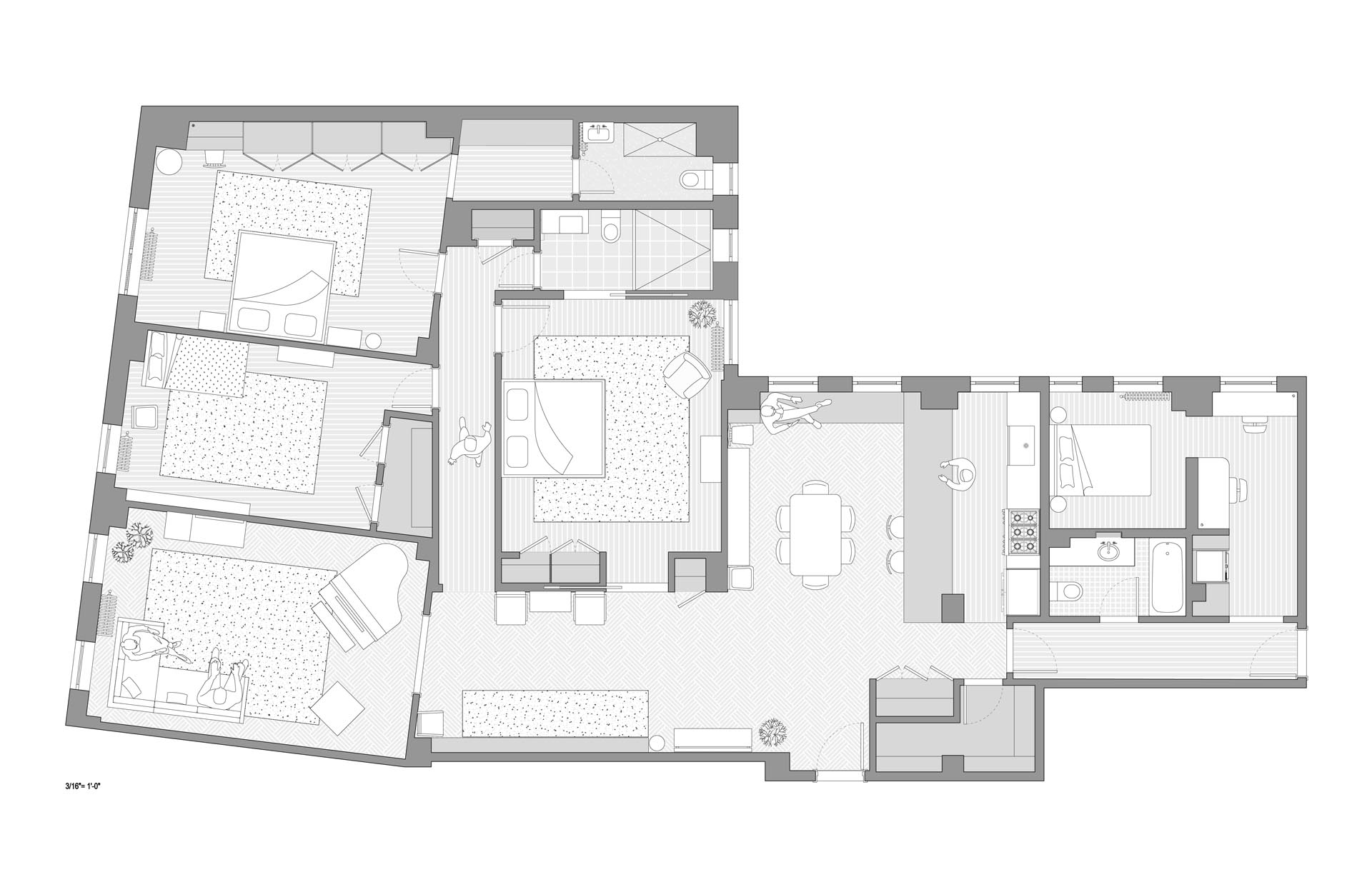 The floor plan of a four bedroom apartment.