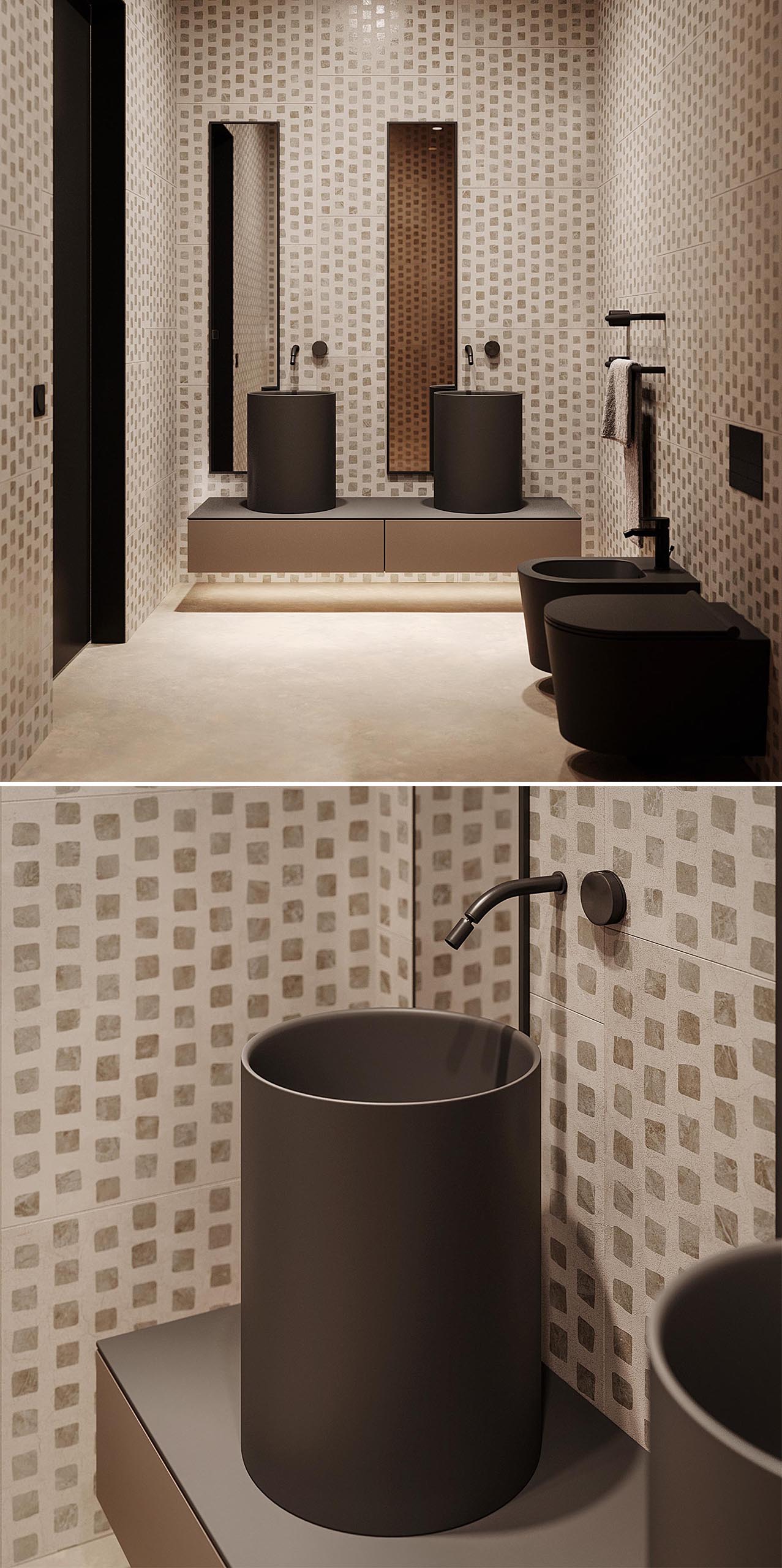 A modern bathroom with patterned walls, black accents, tall thin mirrors, and walk-in shower with tinted glass shower screen.