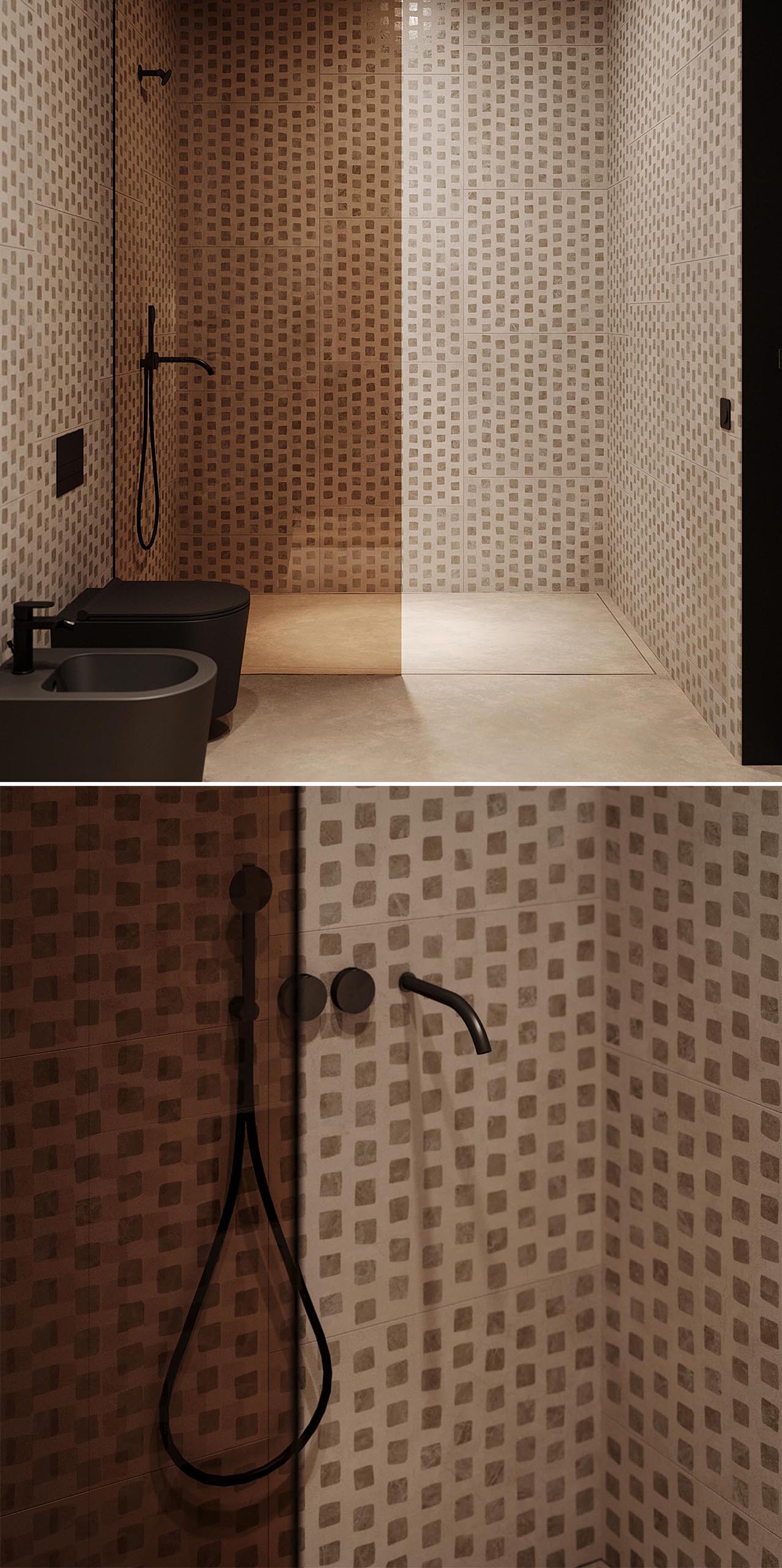 A modern bathroom with patterned walls, black accents, tall thin mirrors, and walk-in shower with tinted glass shower screen.