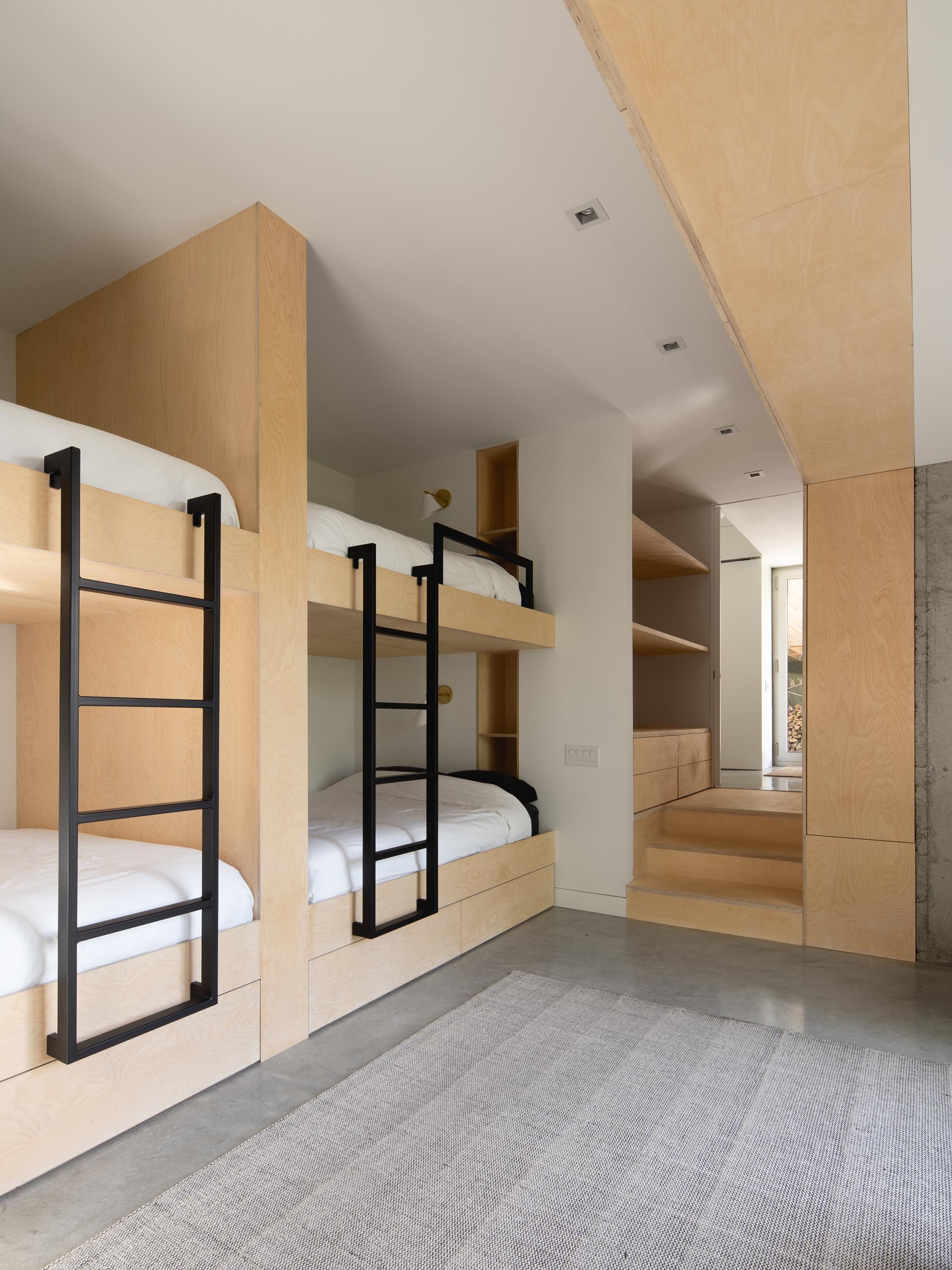 A modern bunkroom capable of sleeping up to 10 guests.