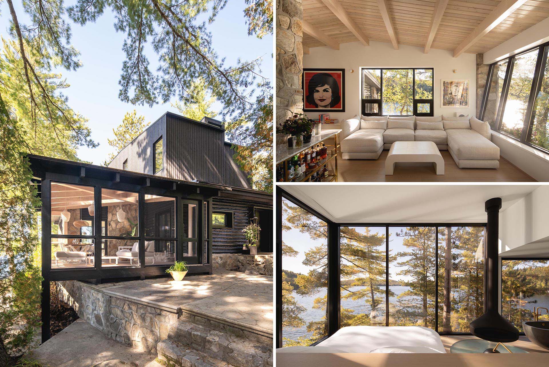 A remodel of an old log cabin includes a new black exterior and modern interior.