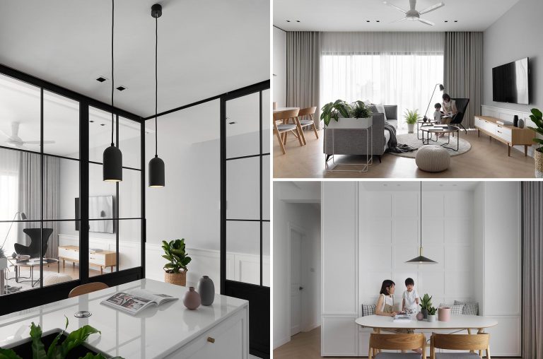 Herringbone Wood Flooring, Built-In Seating, And Black-Framed Glass Walls Were Used To Create This Scandinavian Inspired Apartment Interior