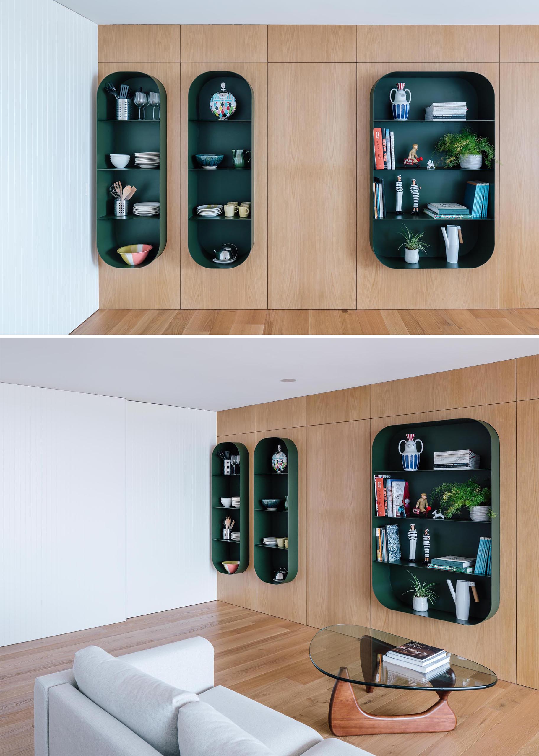 The wood wall also hides a doorway that connects to the private areas of the home, while the kitchen can be closed off from the living room with a sliding white wall.