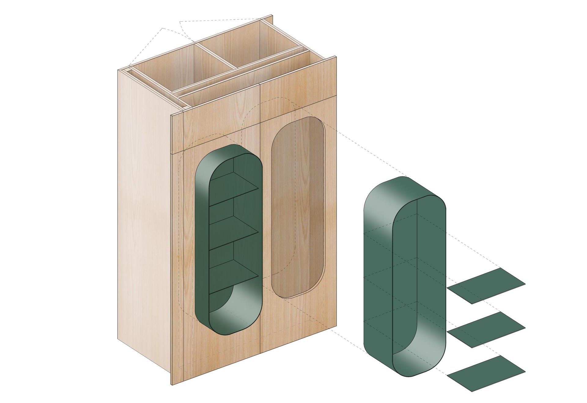 A diagram that shows partially built-in shelving.