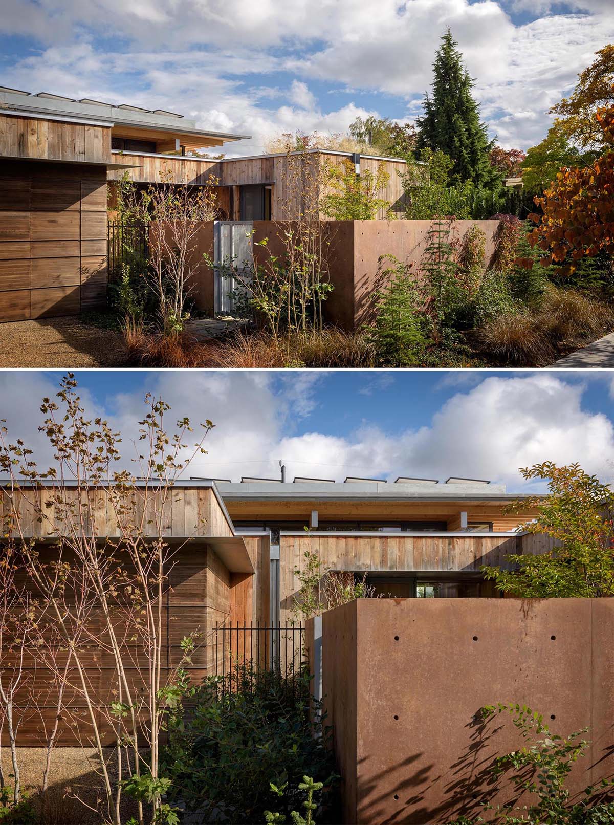 A modern wood cabin with steel roof.