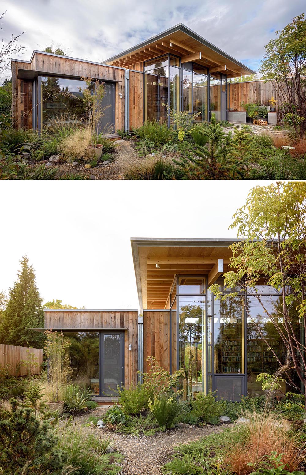 A modern wood cabin with fir wood exterior siding and glass walls.