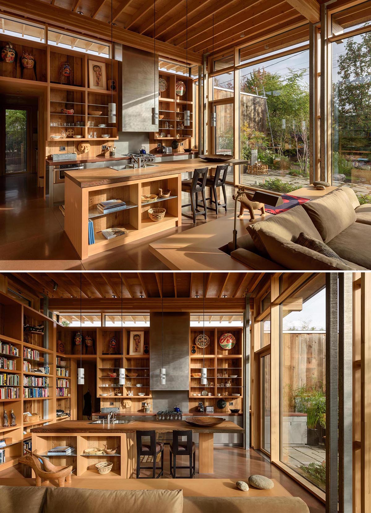 A contemporary cabin kitchen with a wood island and walls of shelving.