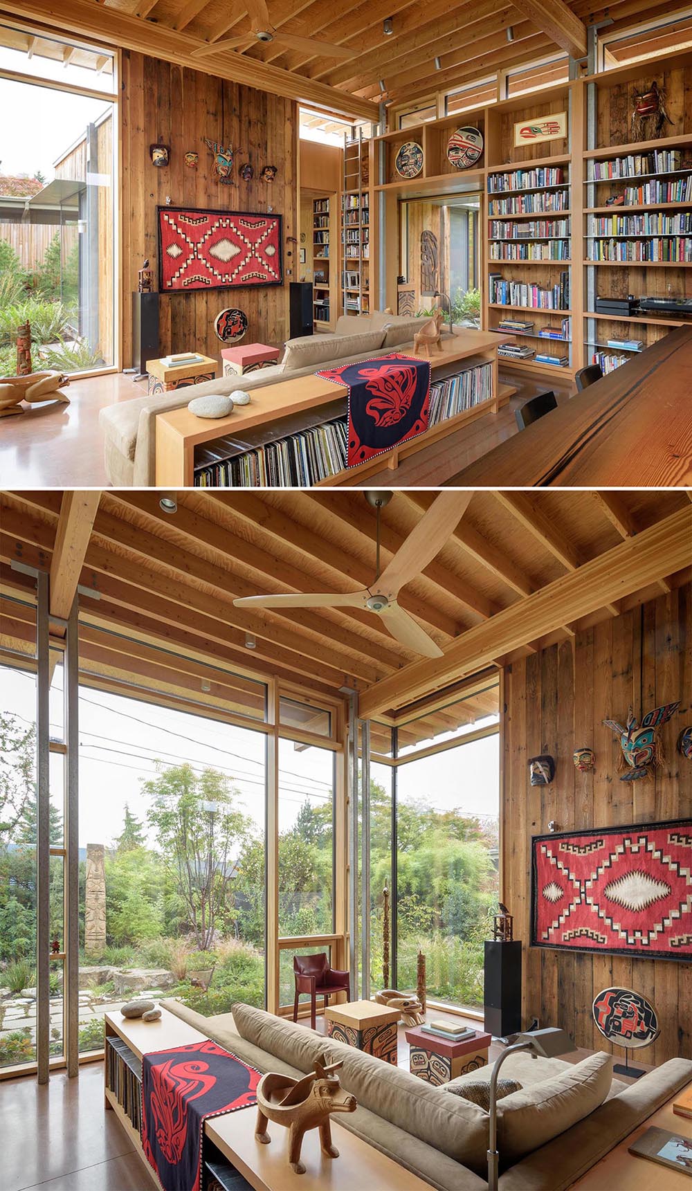 A wall of full-height windows overlooks the gardens to the southeast, and clerestory windows maximize solar gain and create a sense of lightness while maintaining privacy.