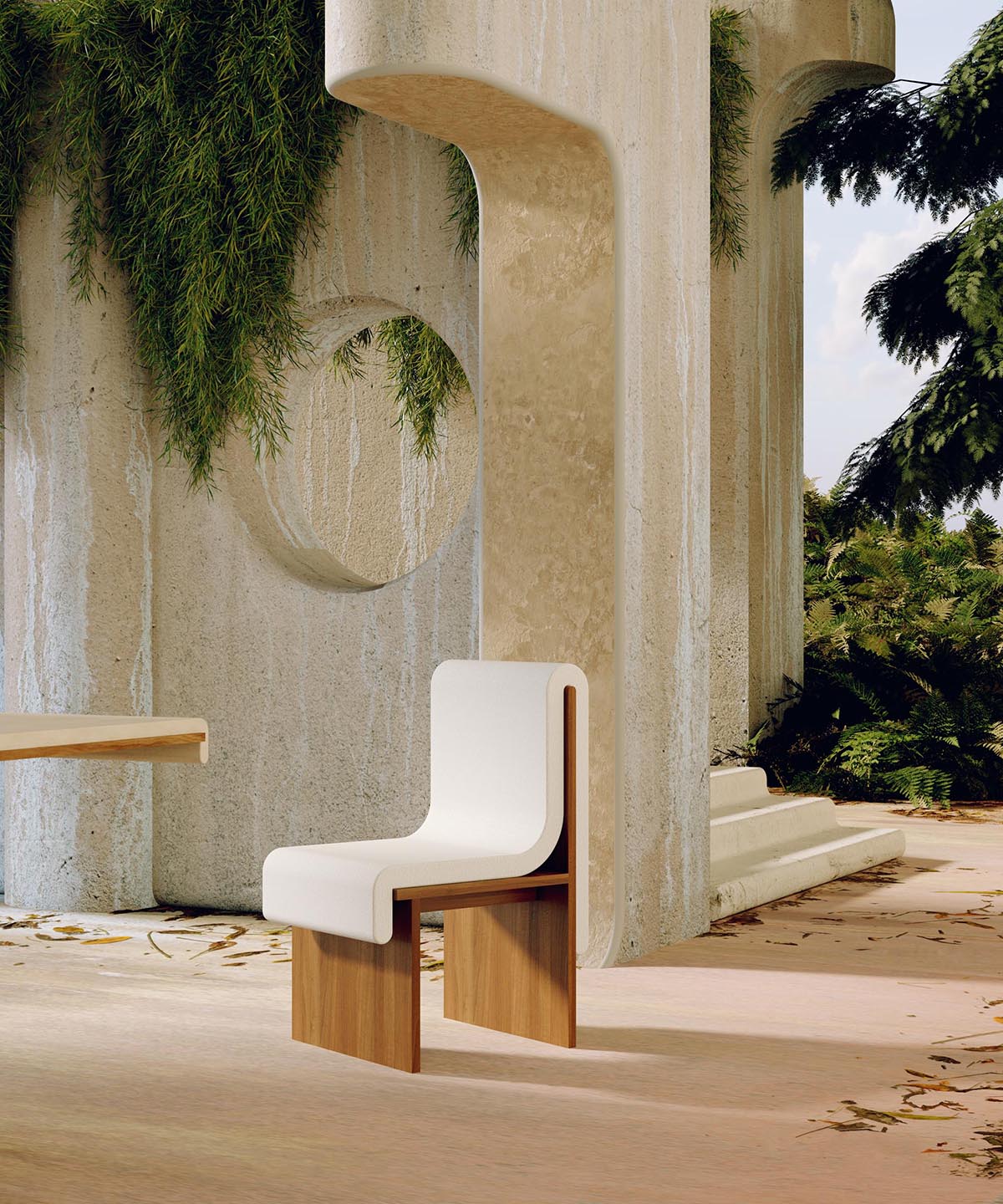 A modern wood chair with white seat.