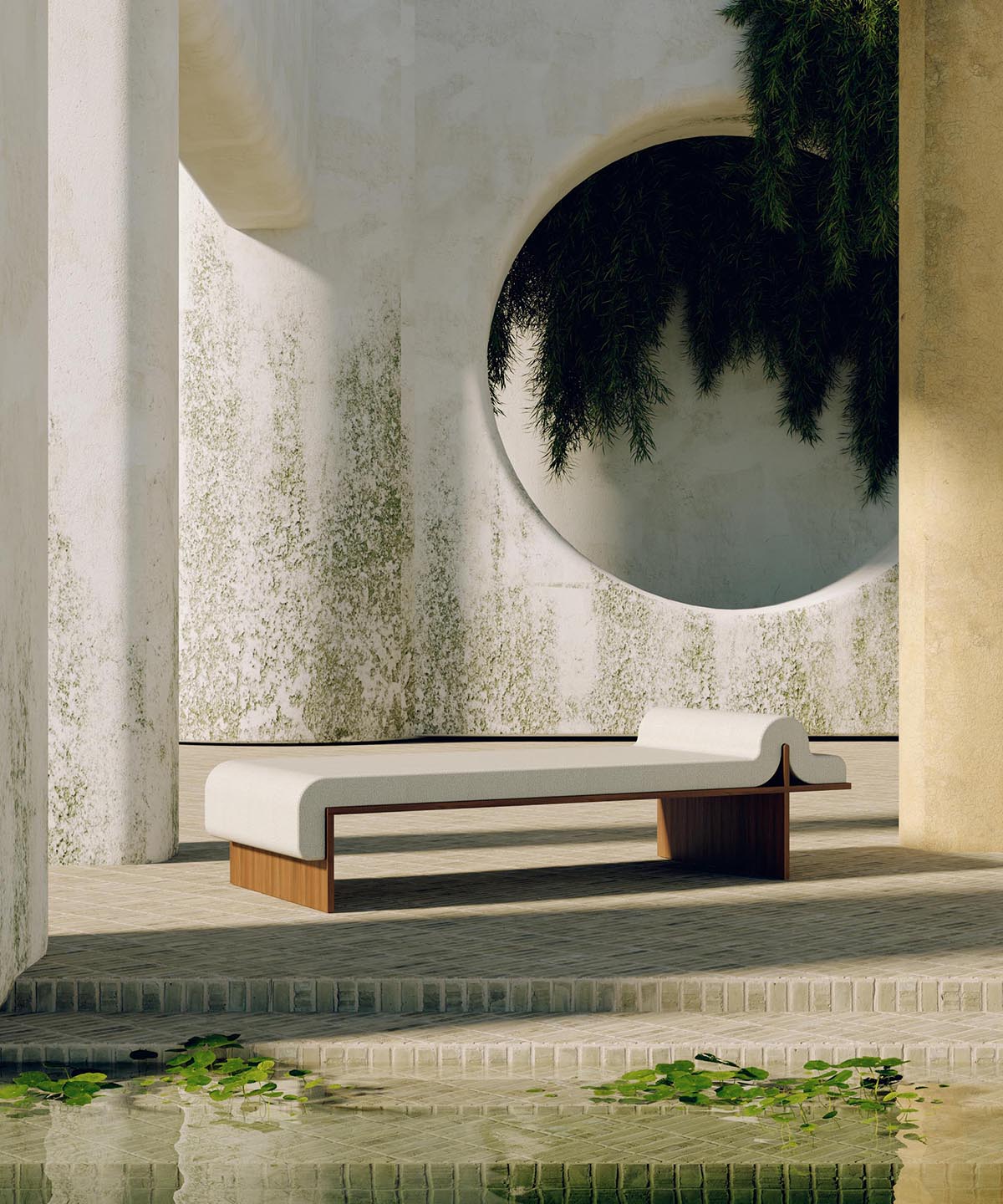 A modern daybed with a white upholstered cushion.