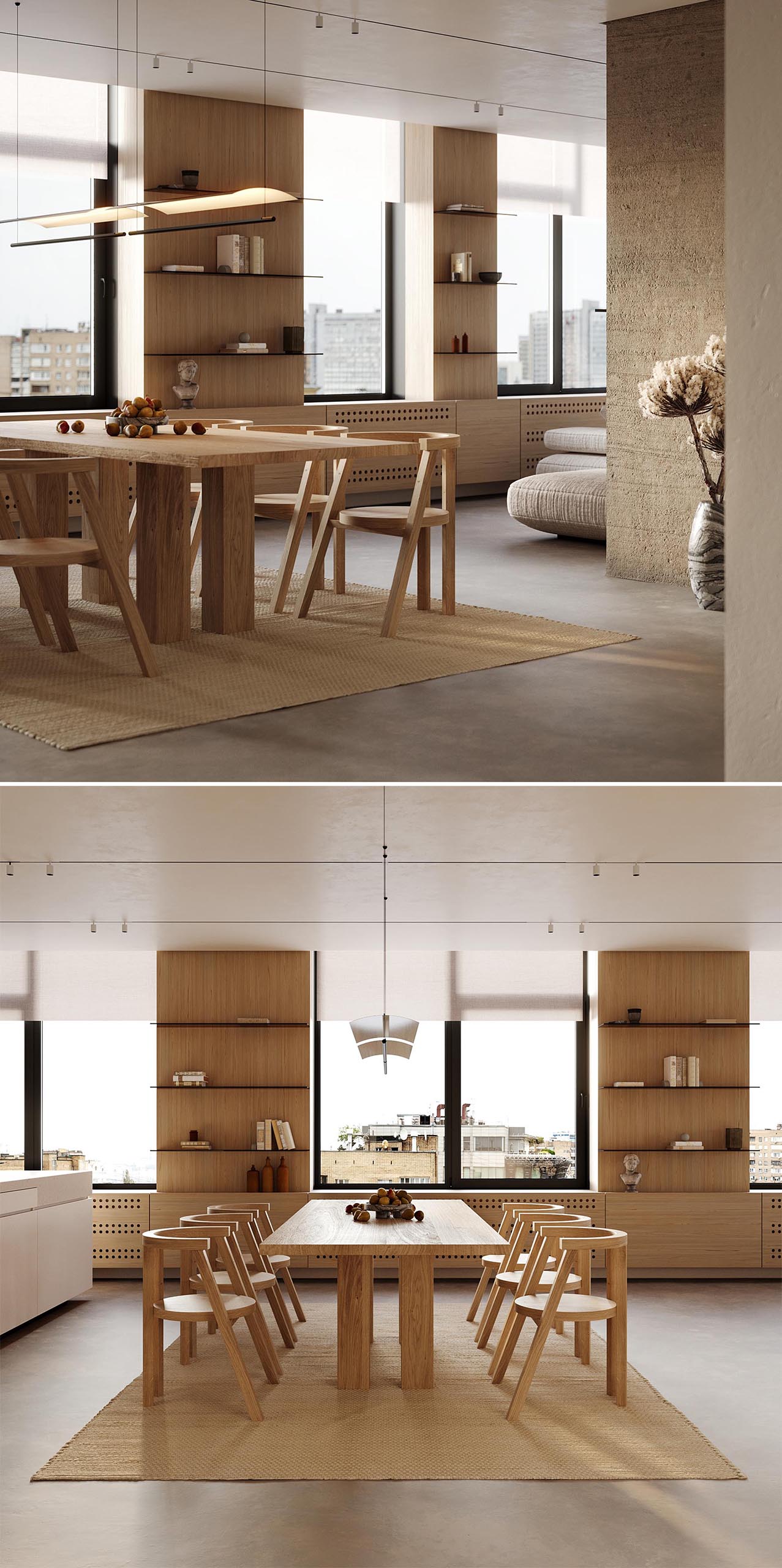 A modern open plan living room with a wood table and matching chairs.