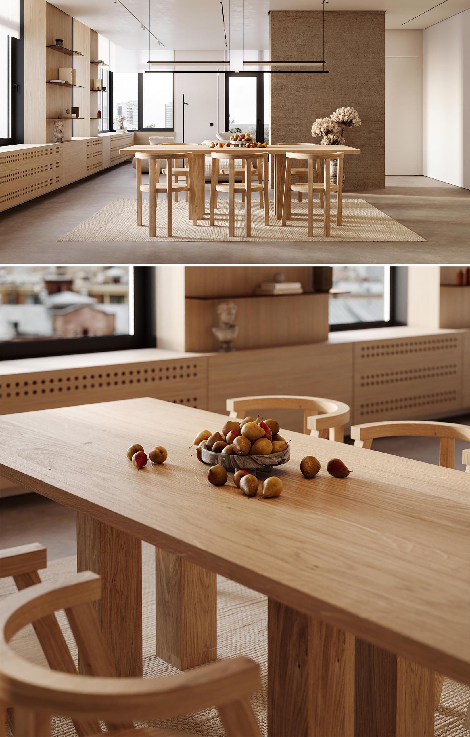 Phòng khách không gian mở hiện đại với bàn gỗ và ghế phù hợp.
