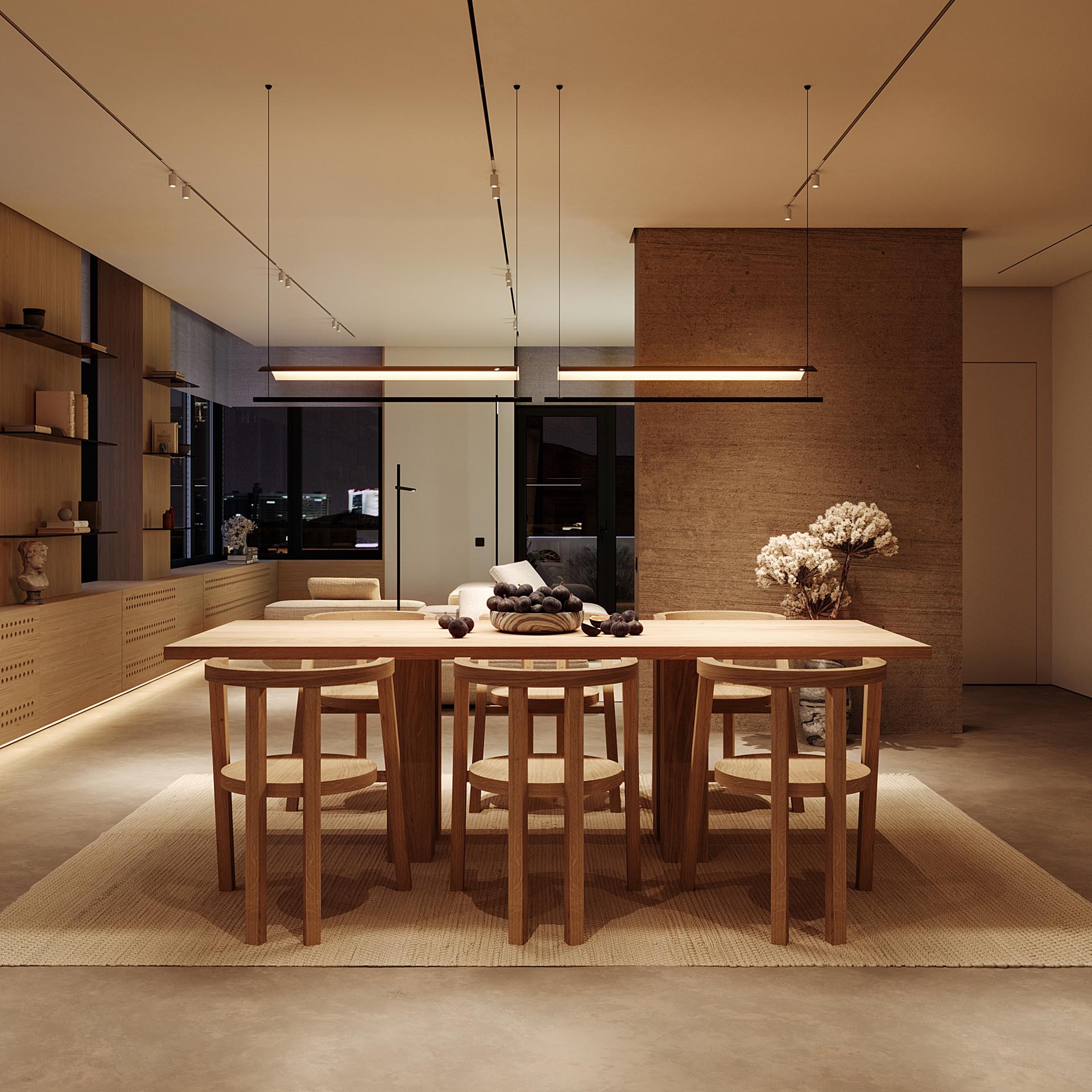 A modern open plan living room with a wood table and matching chairs.