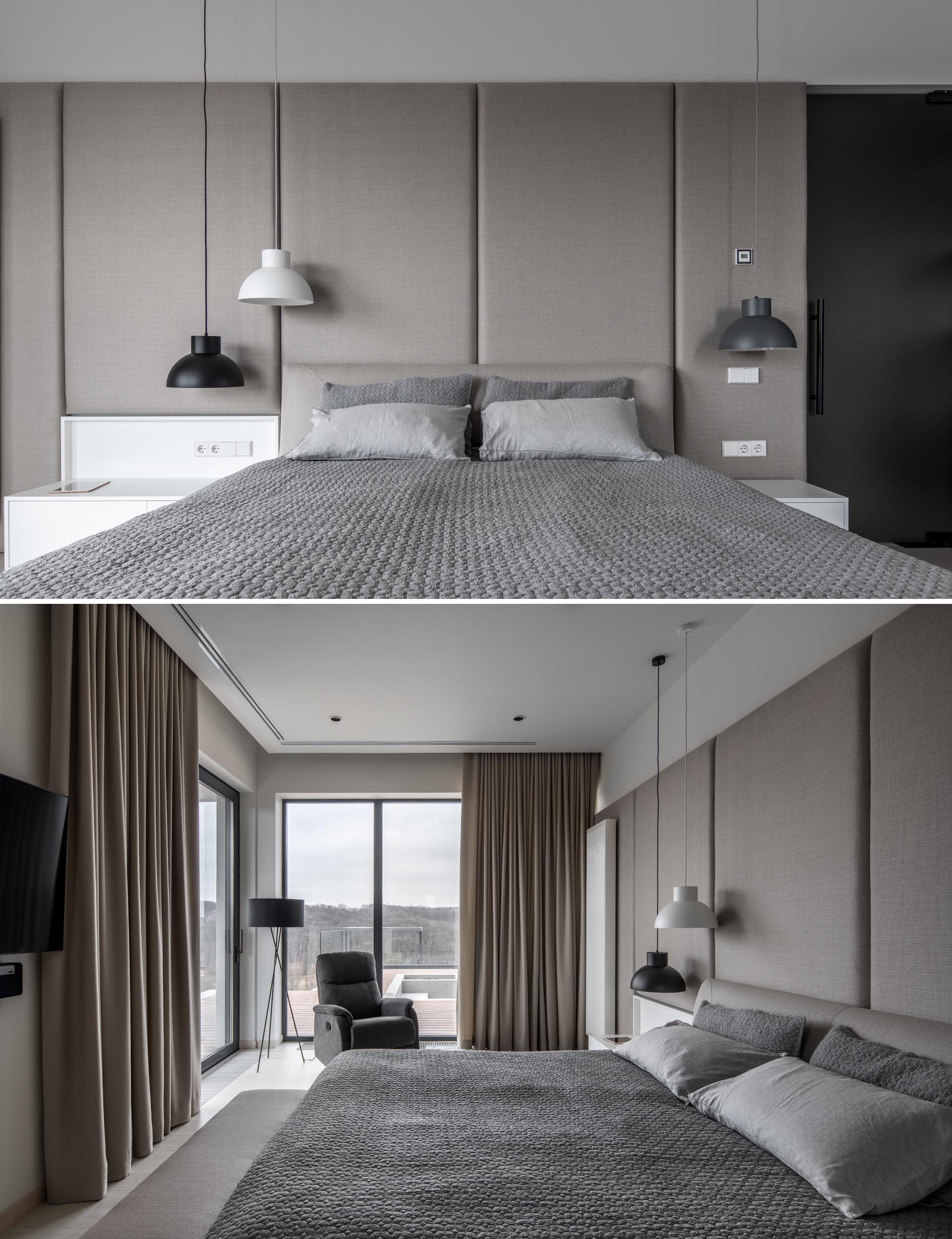 A modern hotel-like bedroom with a gray and beige color palette, and white and black accents.