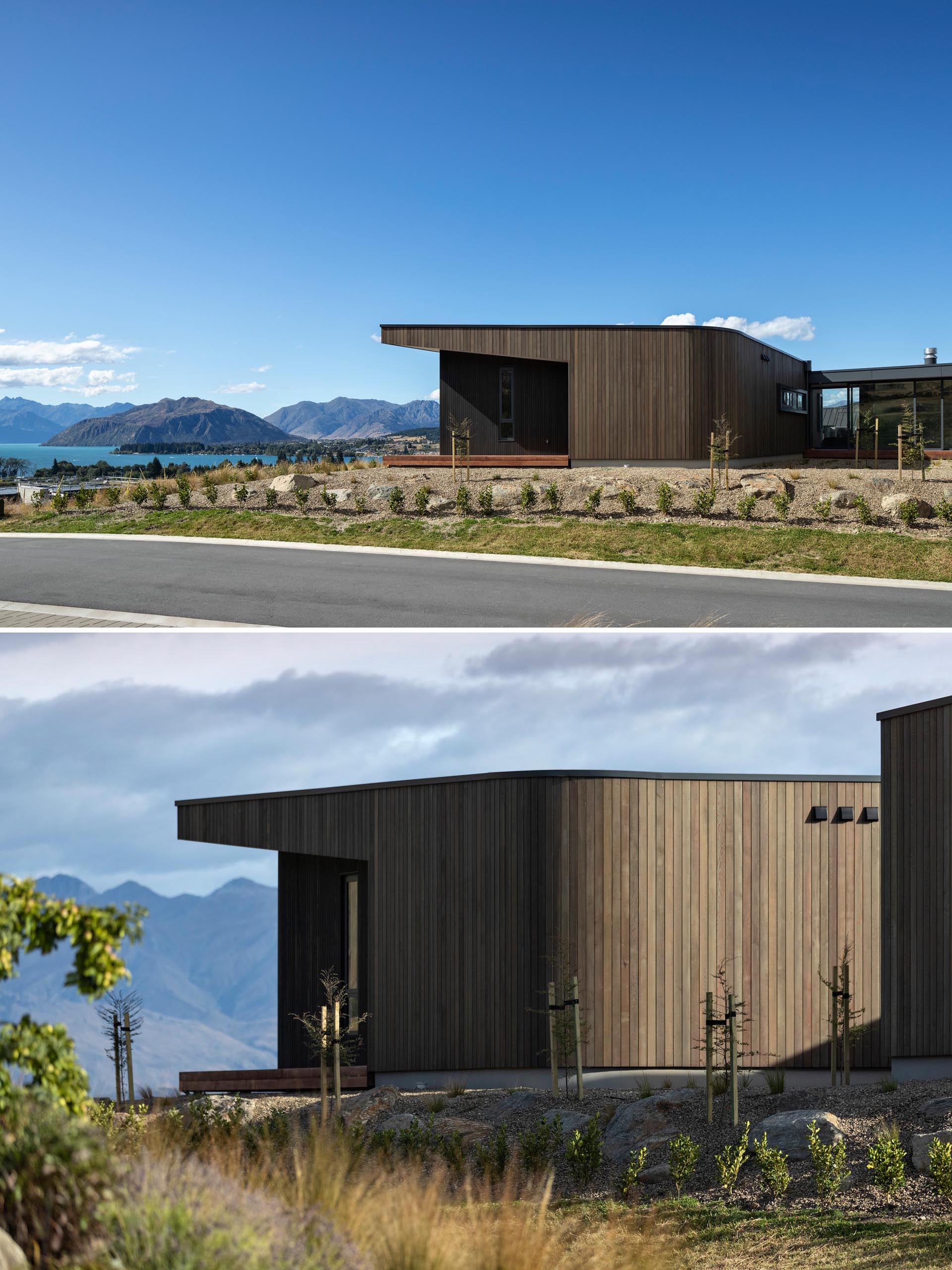 This modern home has a simple, mono-pitched roof and curve-edged, cedar-clad walls.