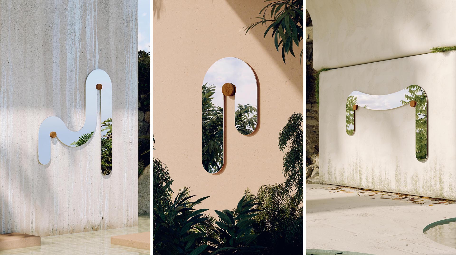 A collection of modern mirrors that appear to melt around their support.