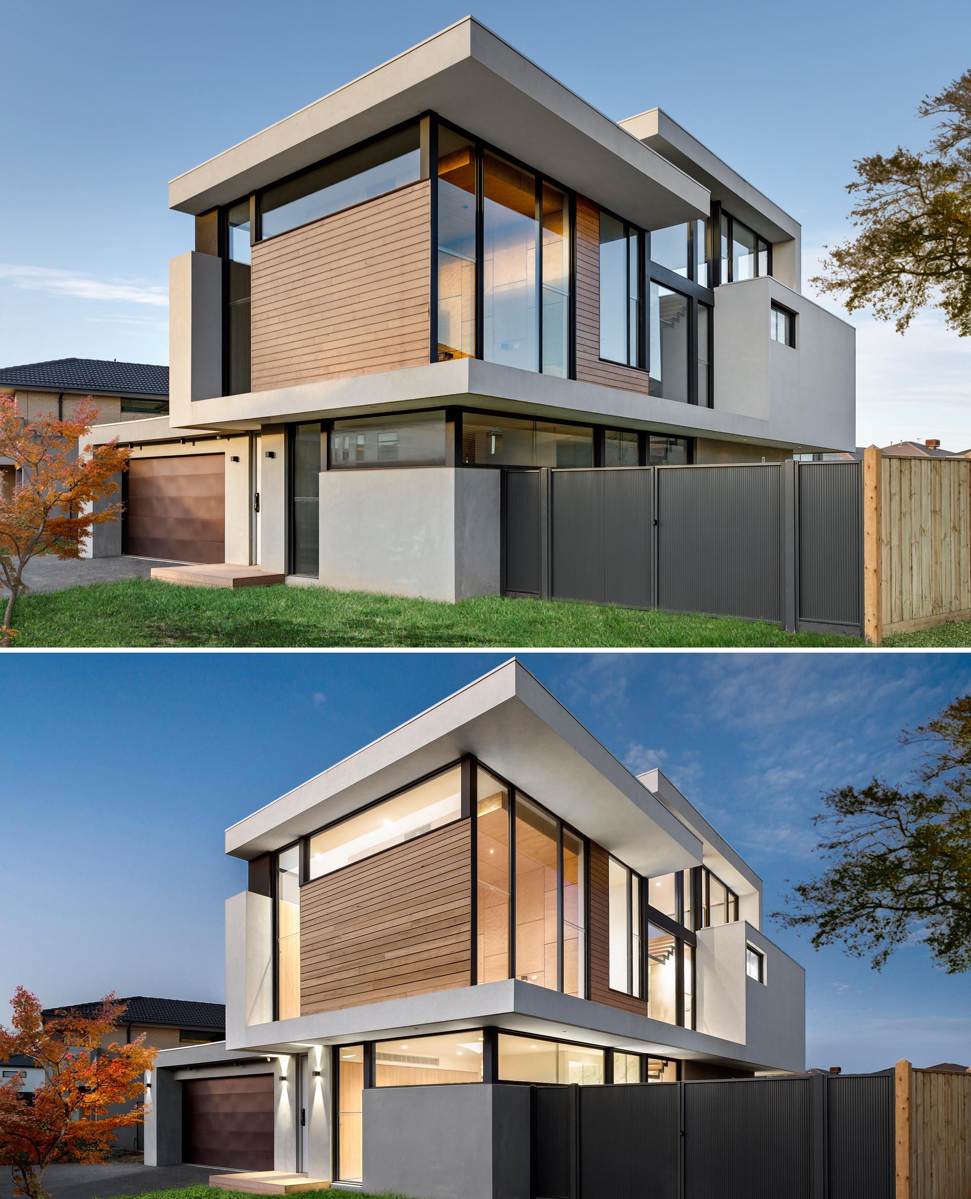 This modern three level home has an exterior that's been clad with Blackbutt timber and full-height windows on the north-east facade, while the west facade features large eaves and slot windows.