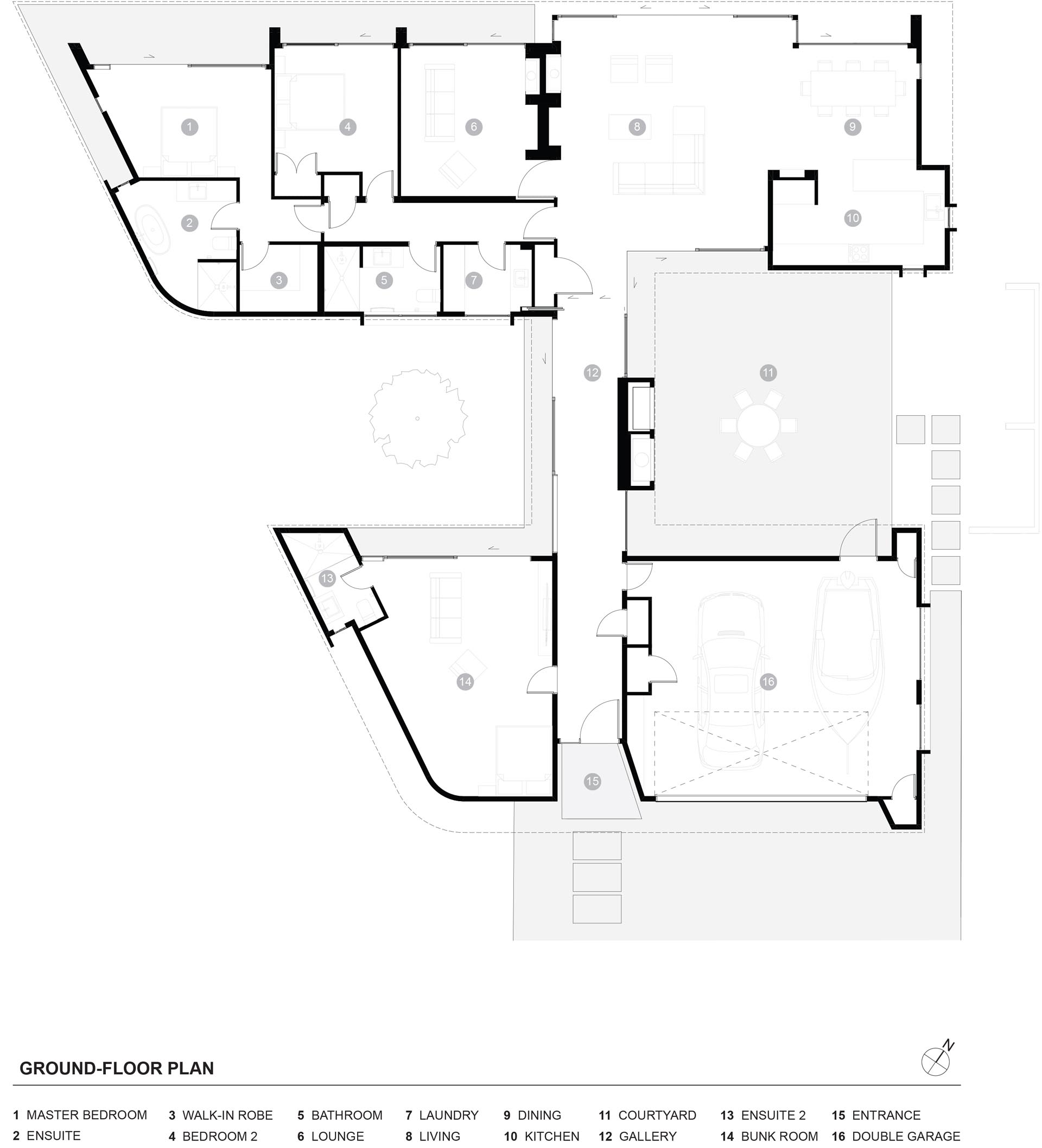 A floor plan for a modern house with a courtyard.