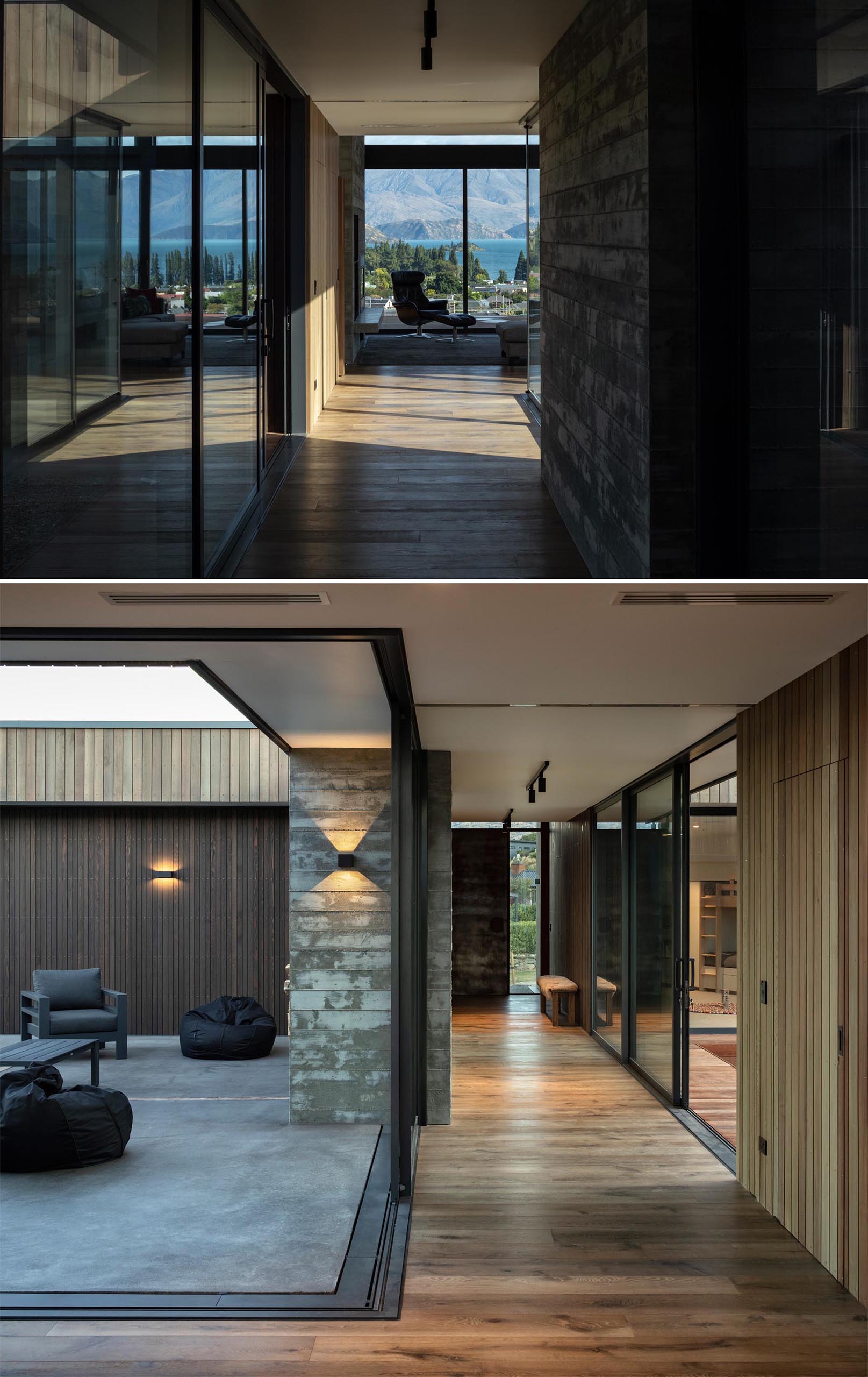 Large sliding glass doors open this home interior to the outdoors and a courtyard.
