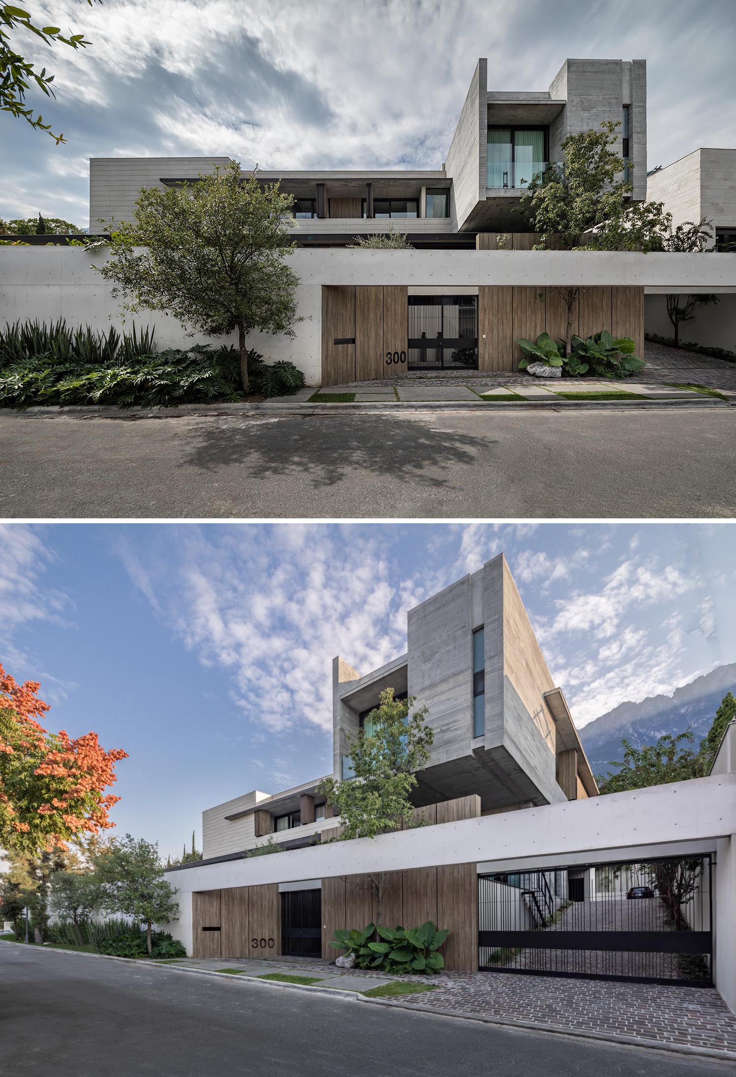 A modern concrete house with wood accents and greenery.