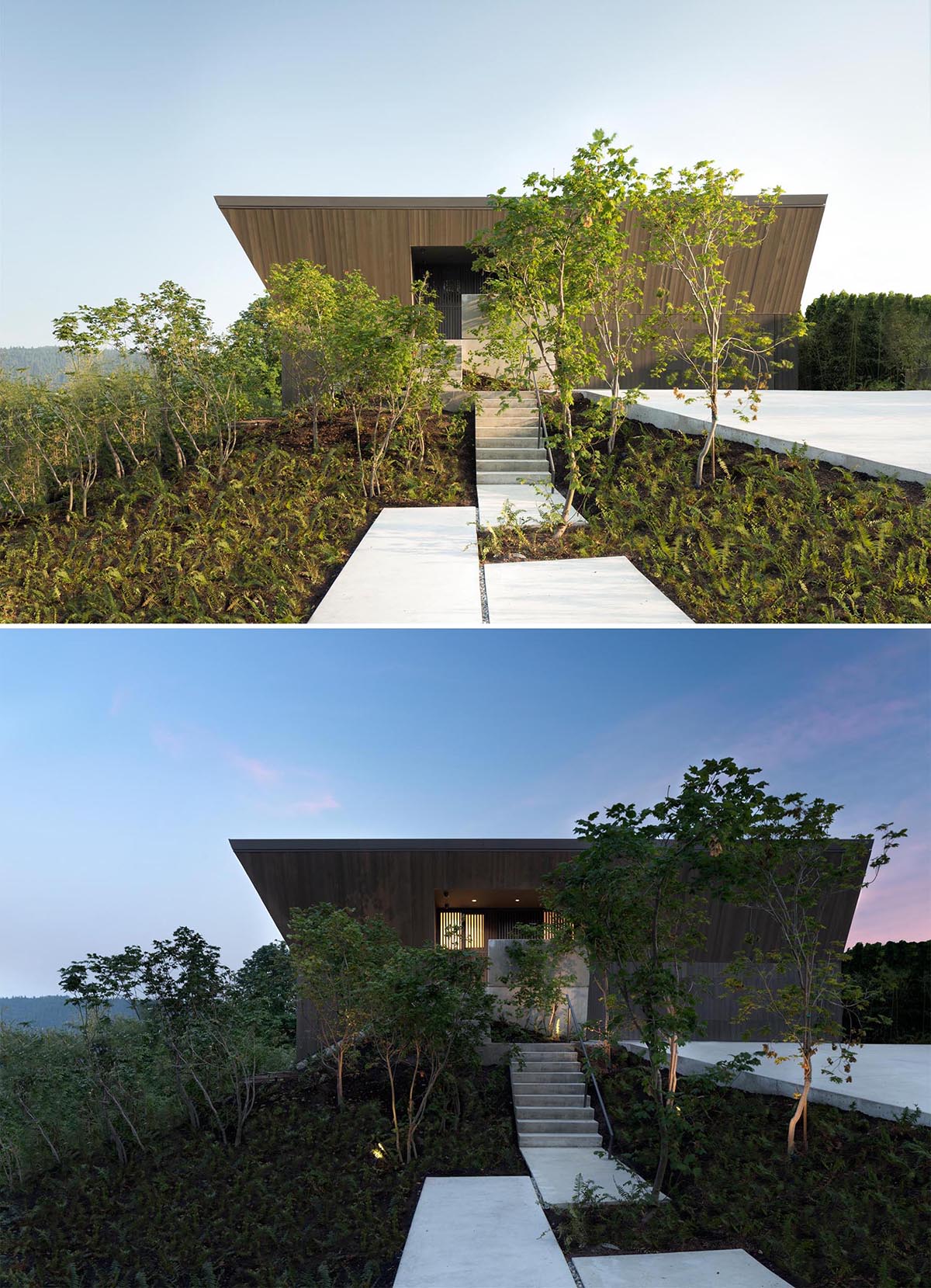 A modern house with an an angular wood exterior designed to minimize interior glare and to keep water off the wrap-around windows.