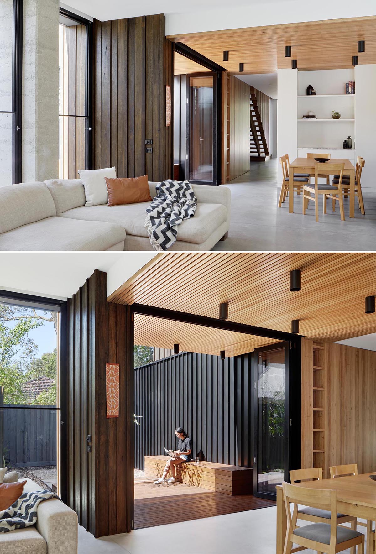 A timber batten ceiling designates the dining room, and extends out to a deck with a bench, with bi-fold doors connecting the two spaces.