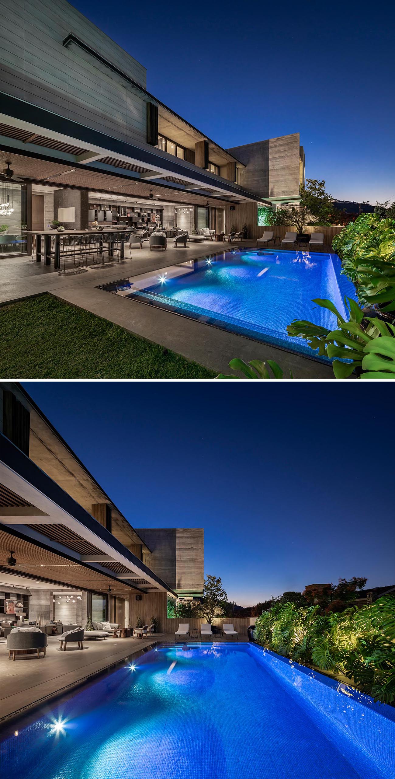 A modern concrete house with a swimming pool and expansive outdoor entertaining areas.