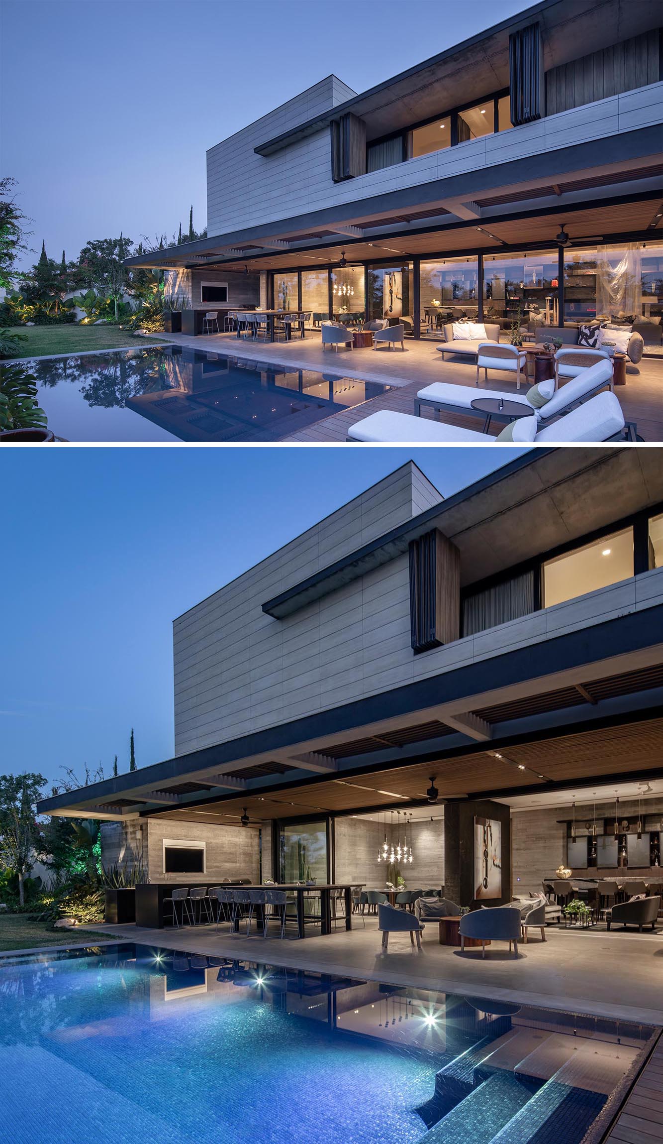 A modern concrete house with a swimming pool and expansive outdoor entertaining areas.