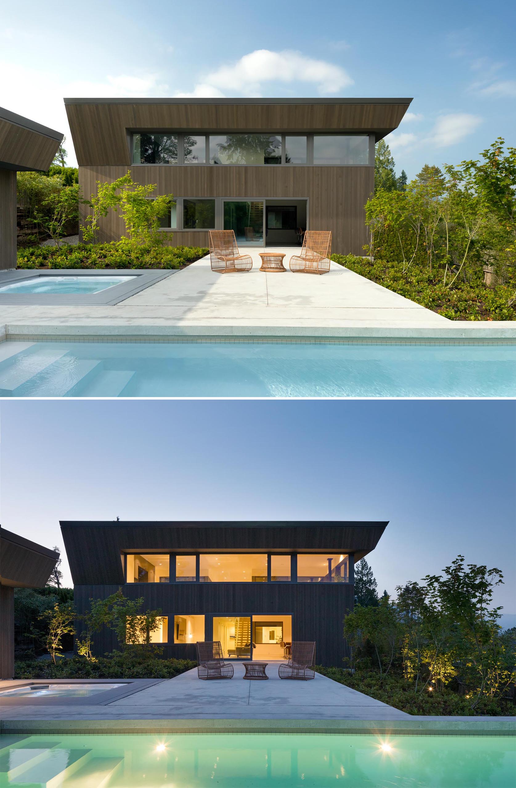 A modern house with a swimming pool, hot tub, and patio.