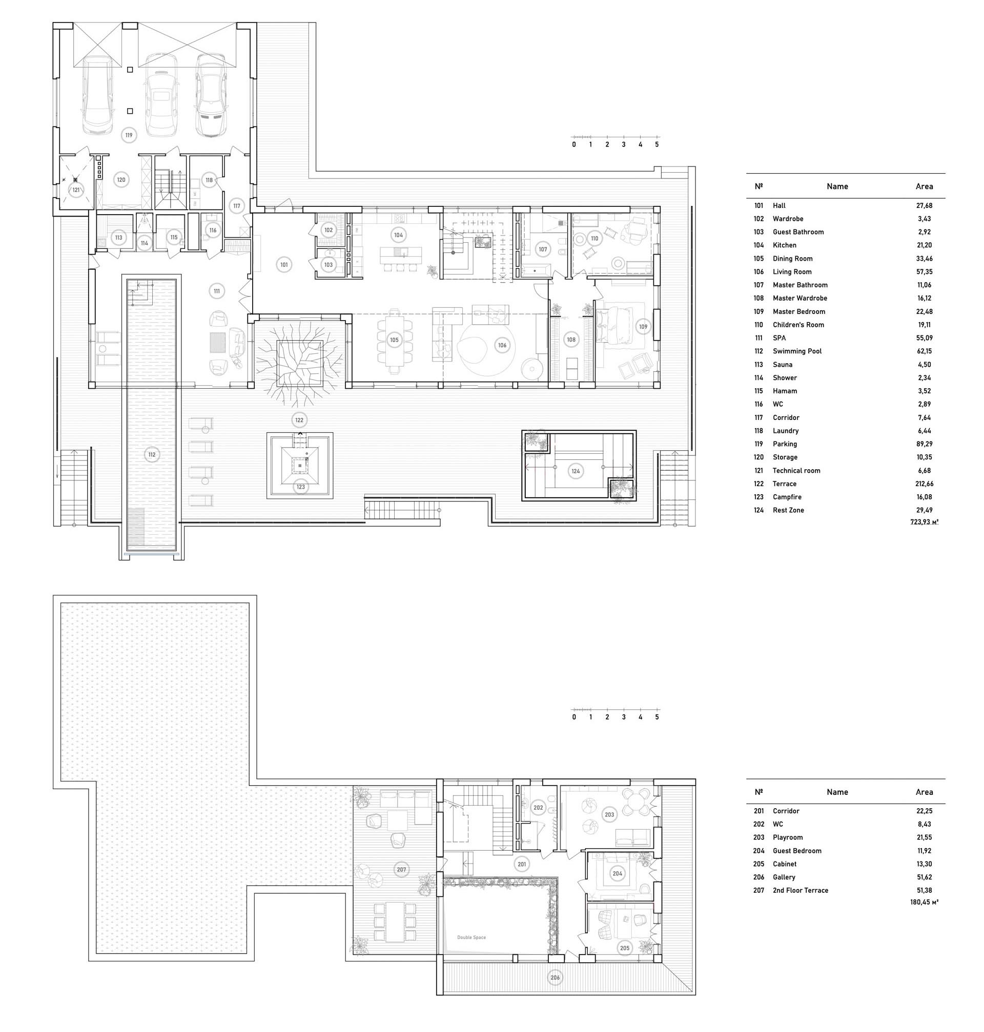 The floor plan of a modern two story house with indoor/outdoor pool.