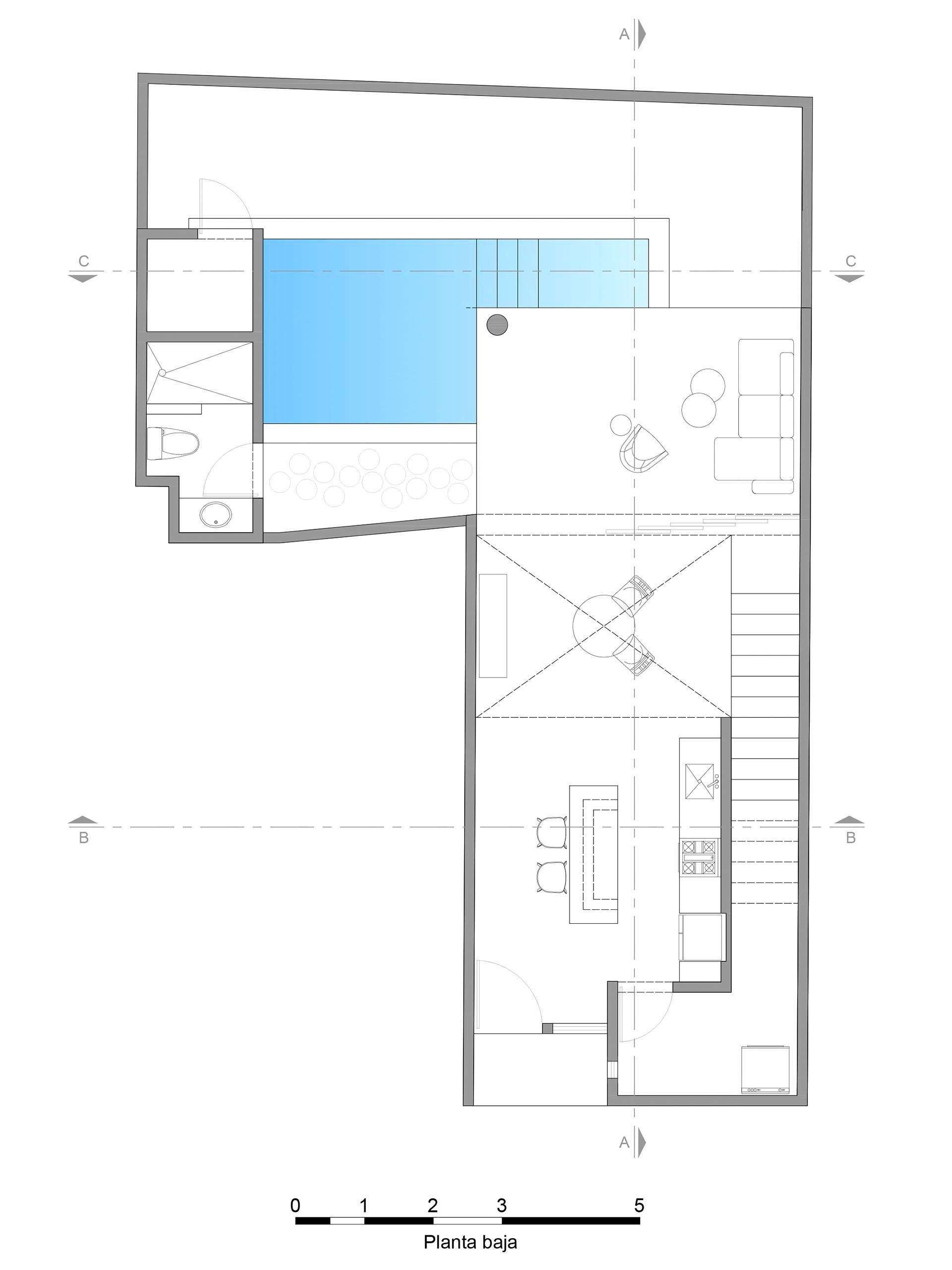 The floor plan of a modern home with a swimming pool.