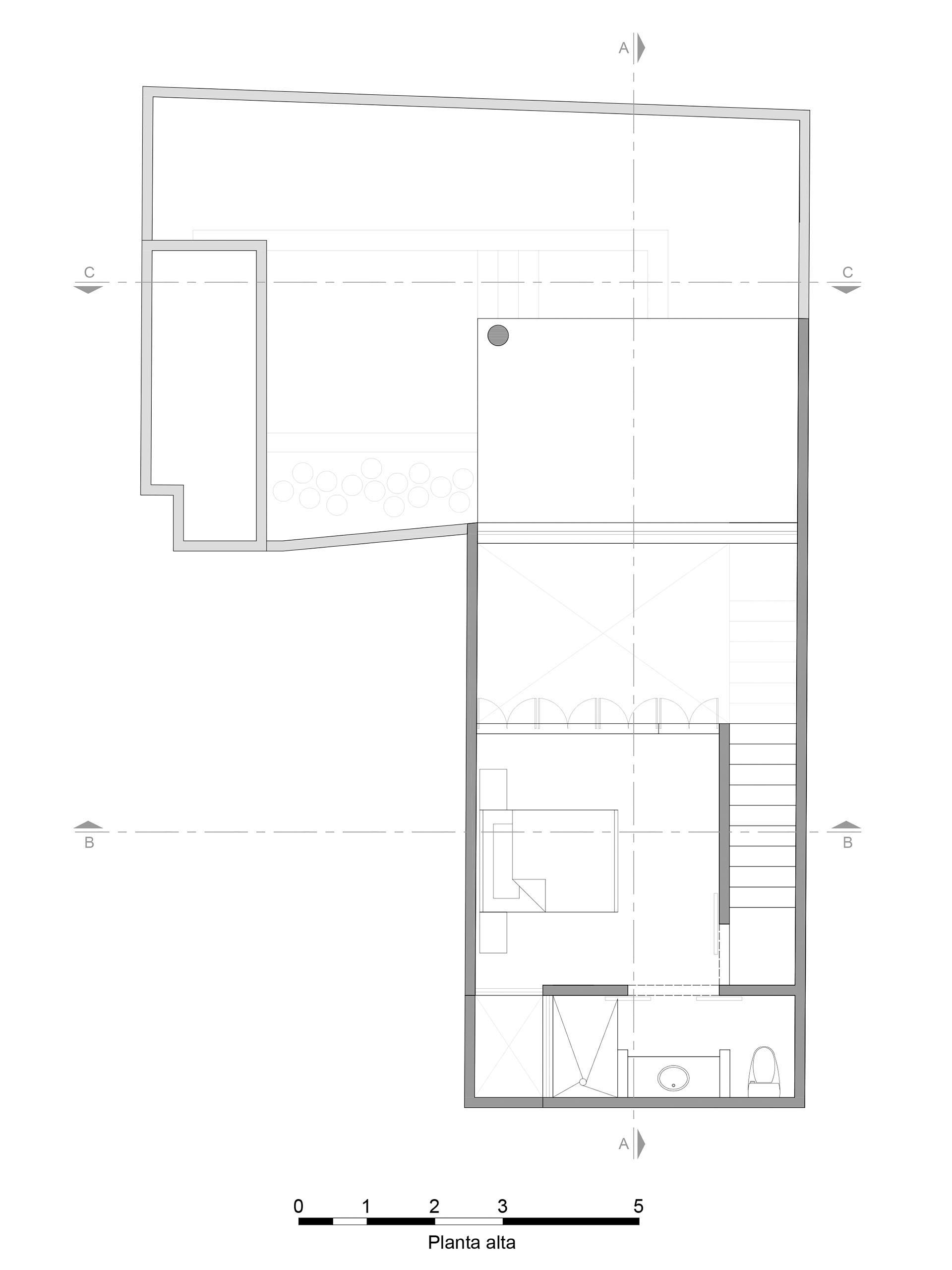 The floor plan of the second story that includes a single bedroom and en-suite bathroom.