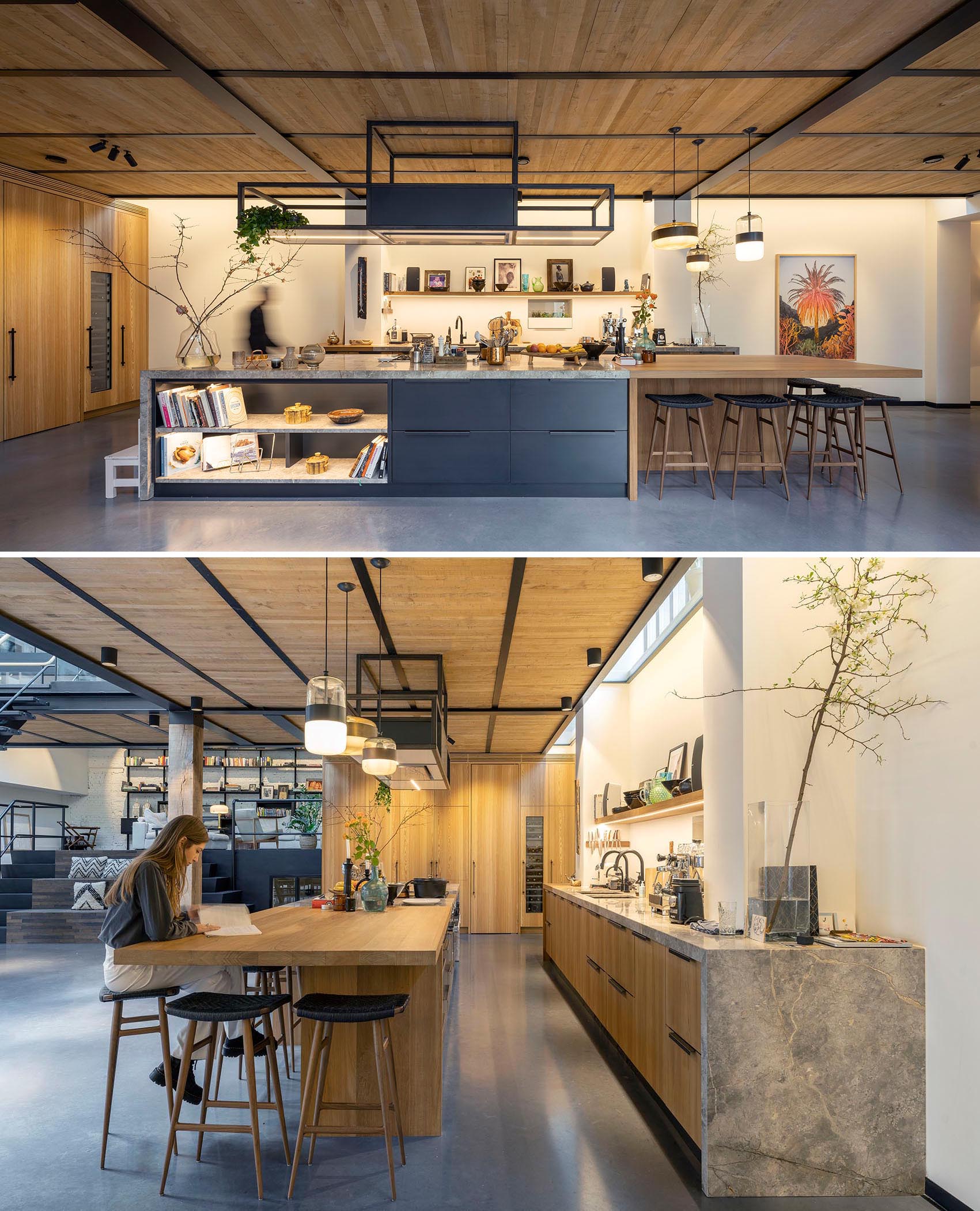 There are wood and matte black cabinets in this modern kitchen. The island has been designed to hold more stools, thus creating a more casual dining area.  