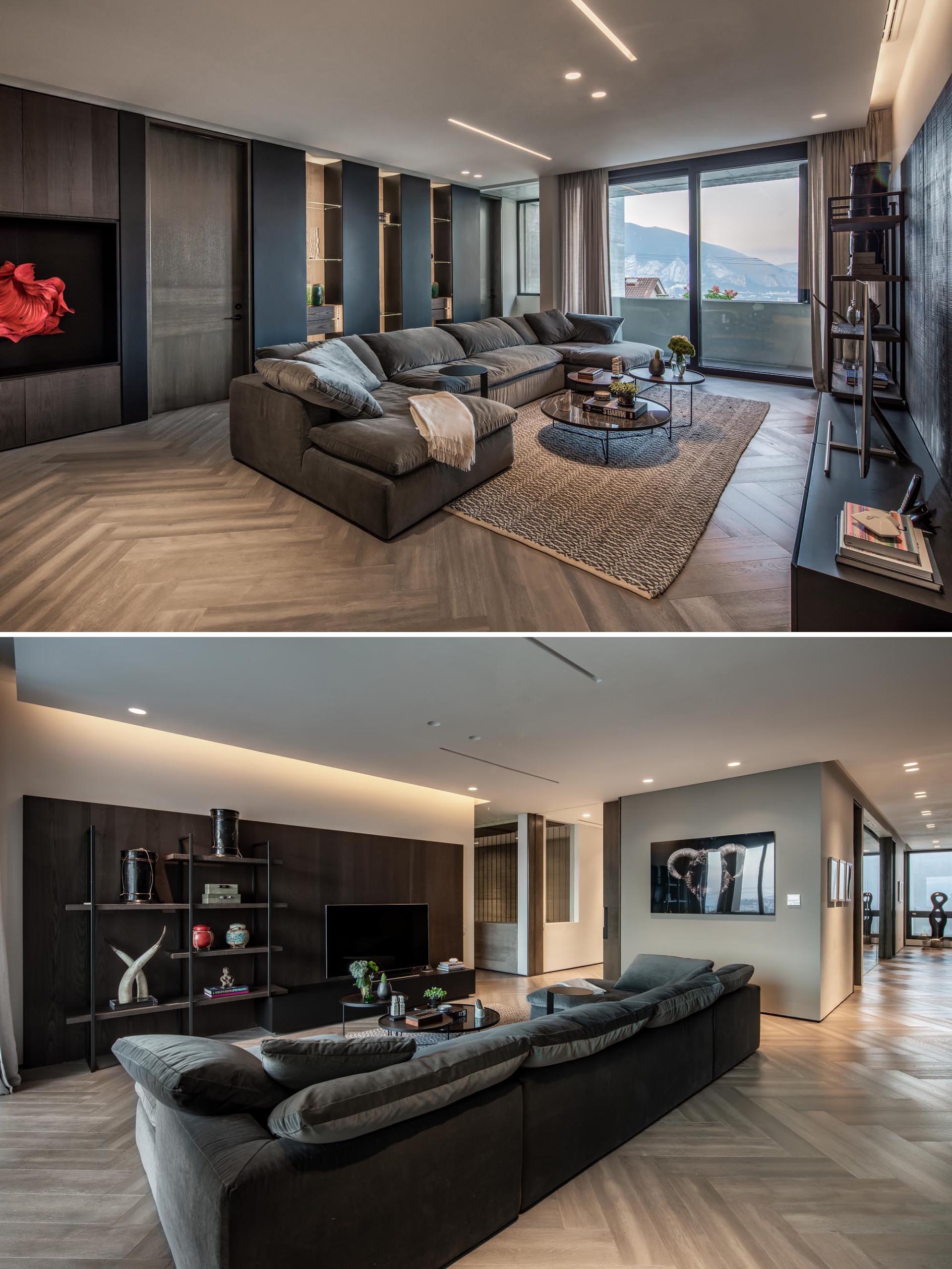This modern living room features wood floors in a herringbone pattern.
