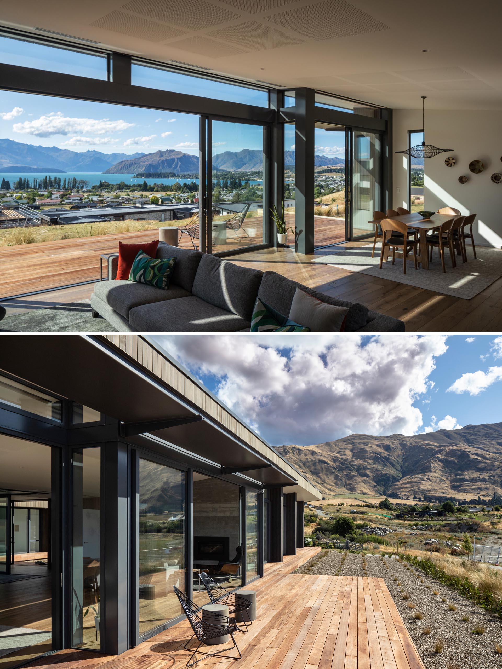 The front deck of this modern home also flows easily from the living area, with the French oak floorboards appearing to merge with the Kwila decking.