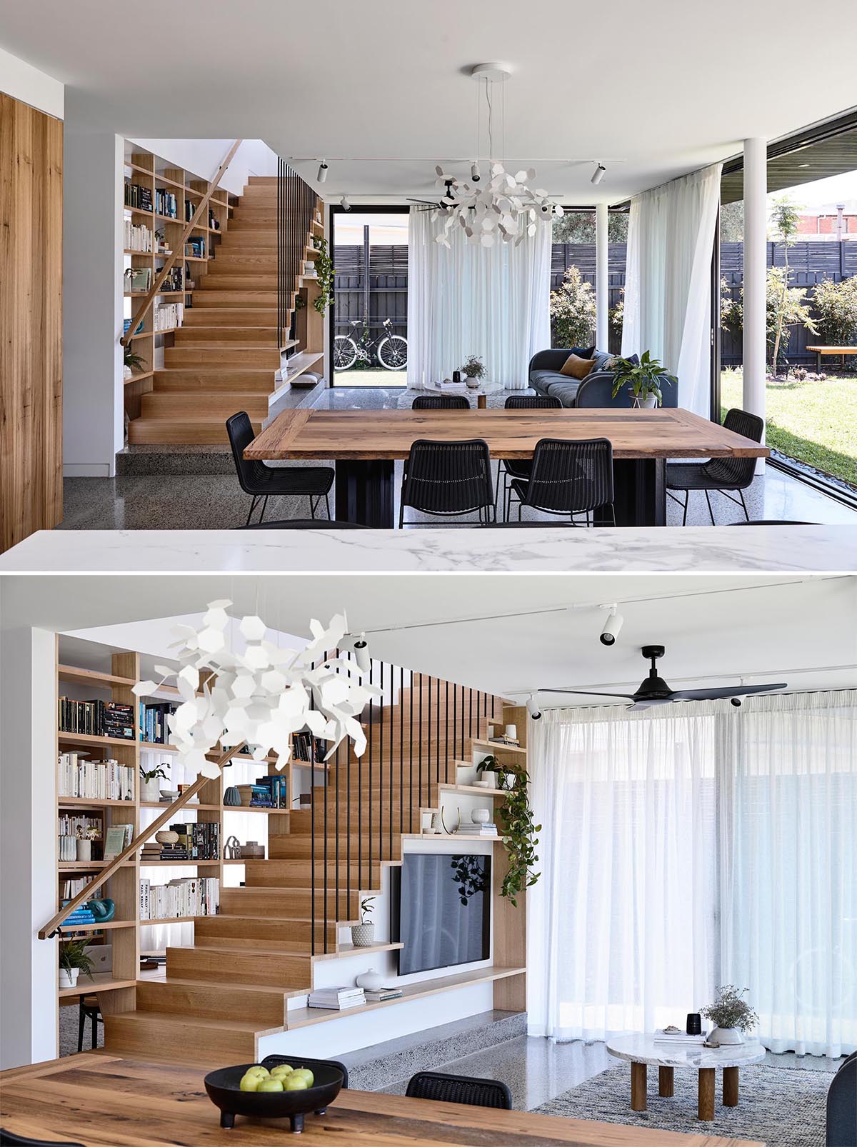 The living room is focused on the television and shelving, which have been cleverly integrated into the design of the stairs.