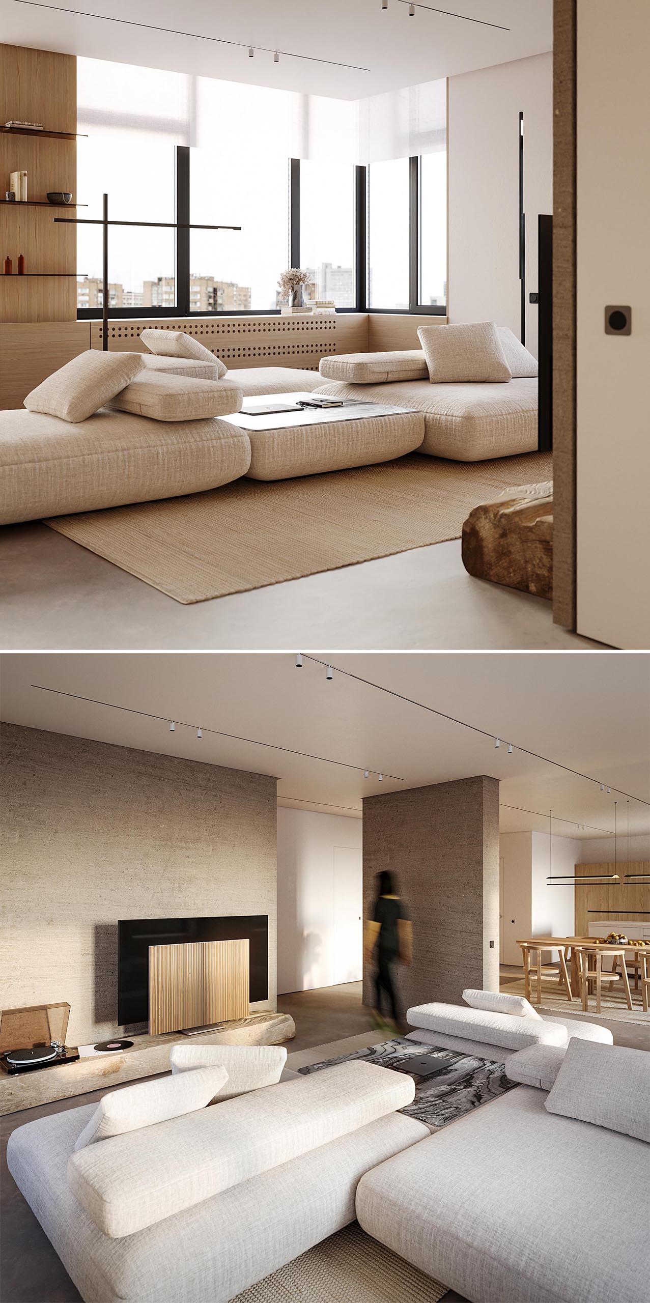 A modern living room with neutral color palette and a modular sofa.