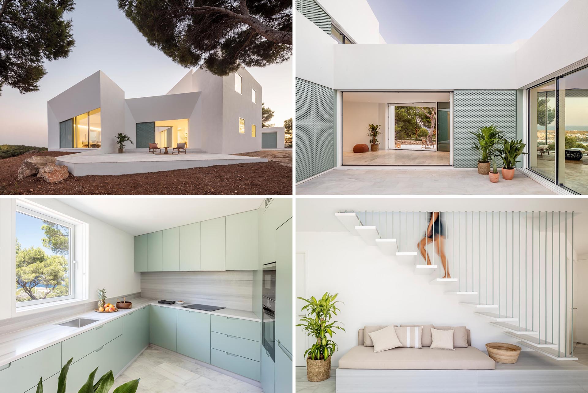 A modern white home with matching interior, has pastel turquoise design elements throughout.