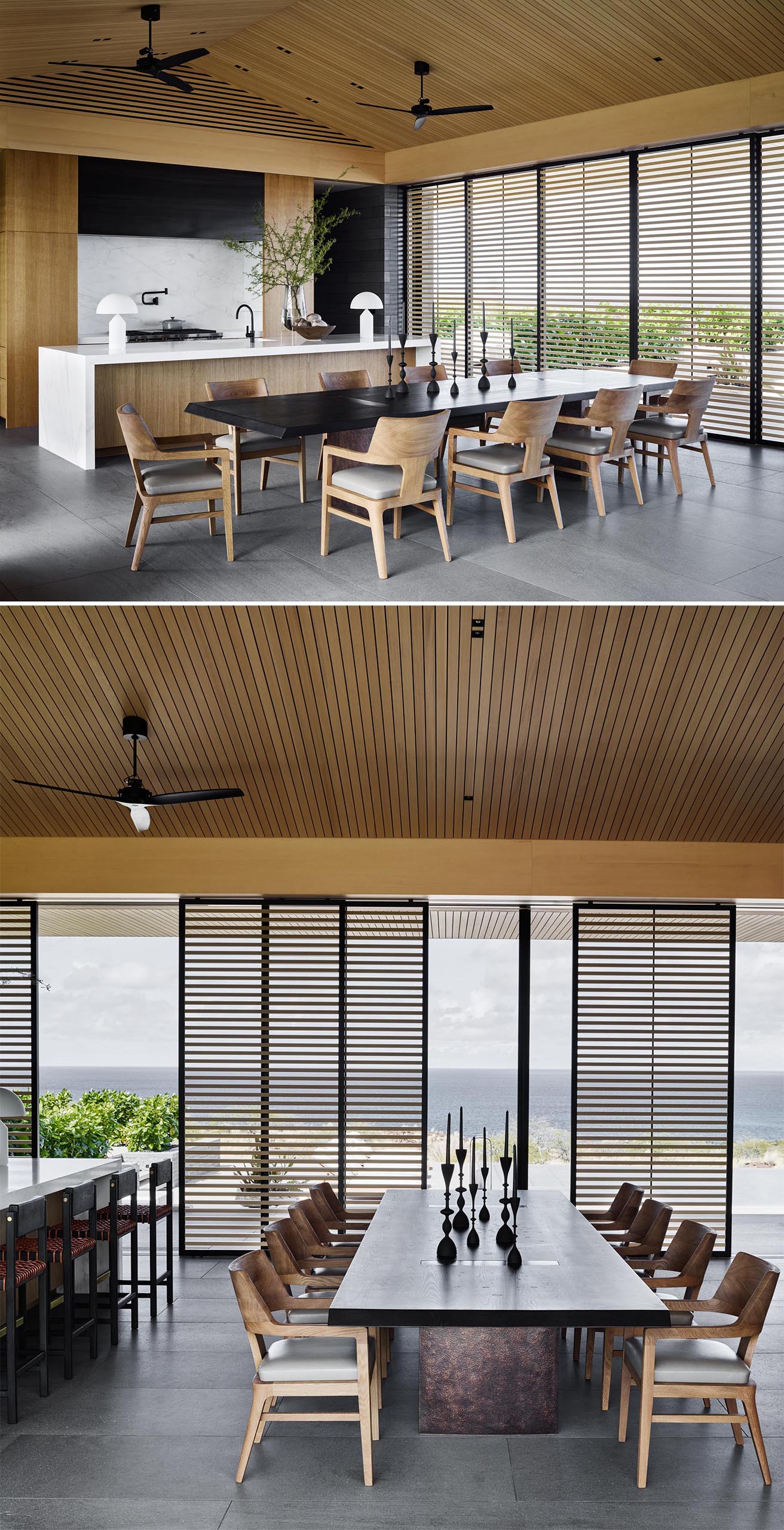 This modern open plan dining room includes a large dark table that's surrounded by eight lighter wood chairs.