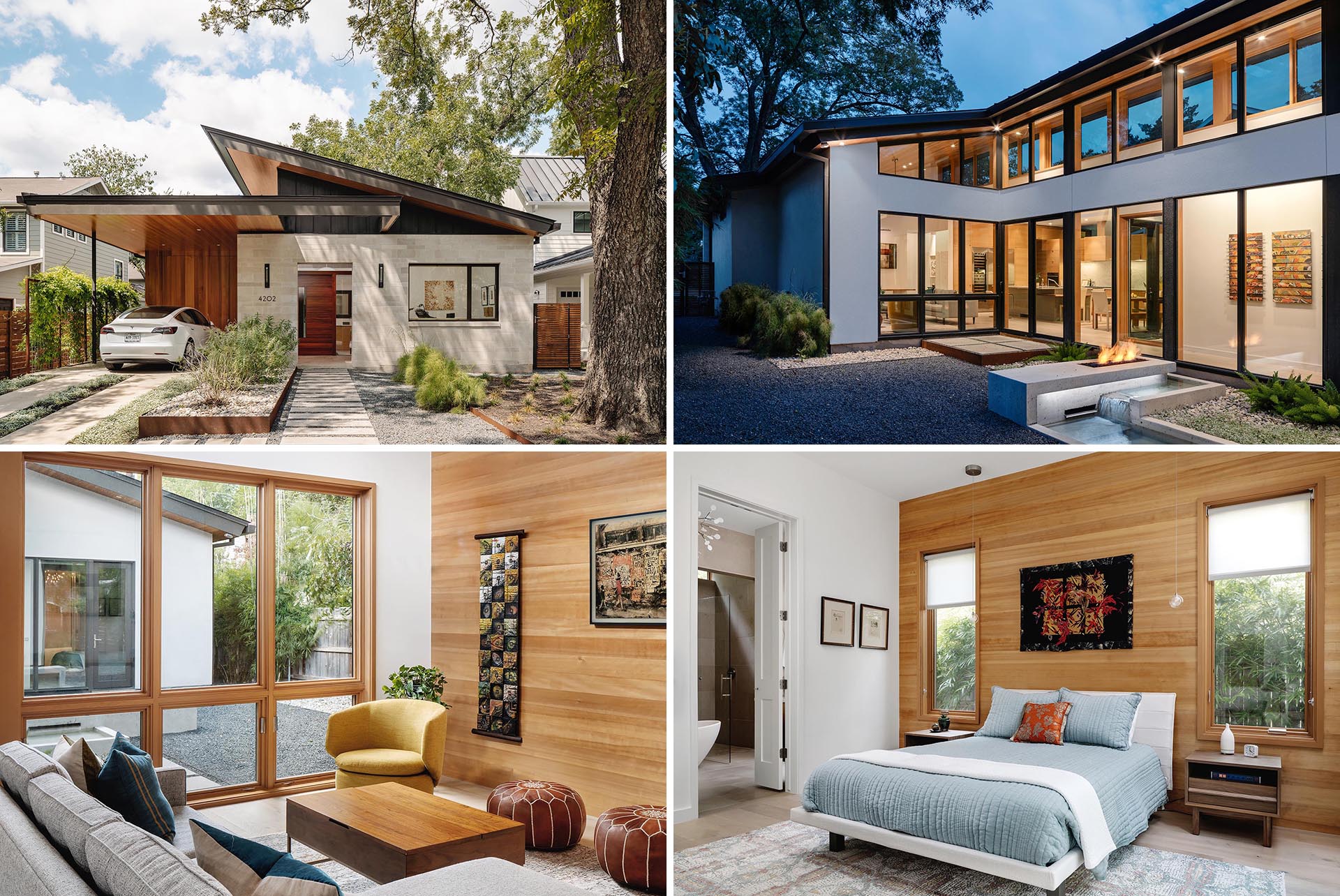 A small modern home with limestone and wood accents.