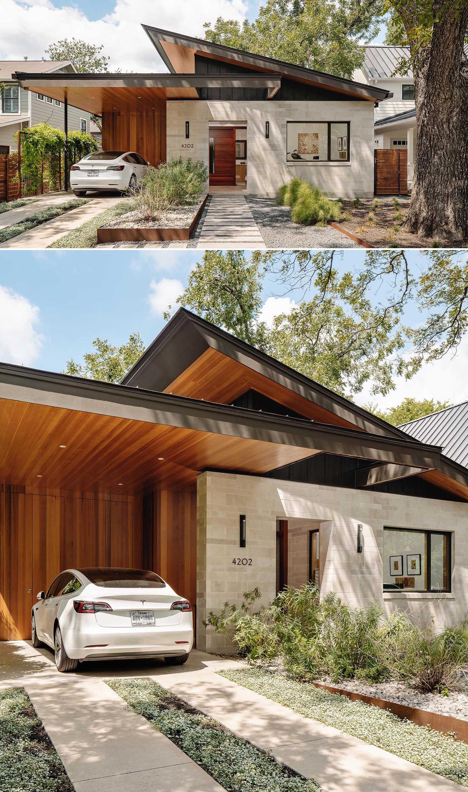 The exterior of this modern and small home features wood elements like hemlock soffits and cedar carport walls, and a limestone facade.