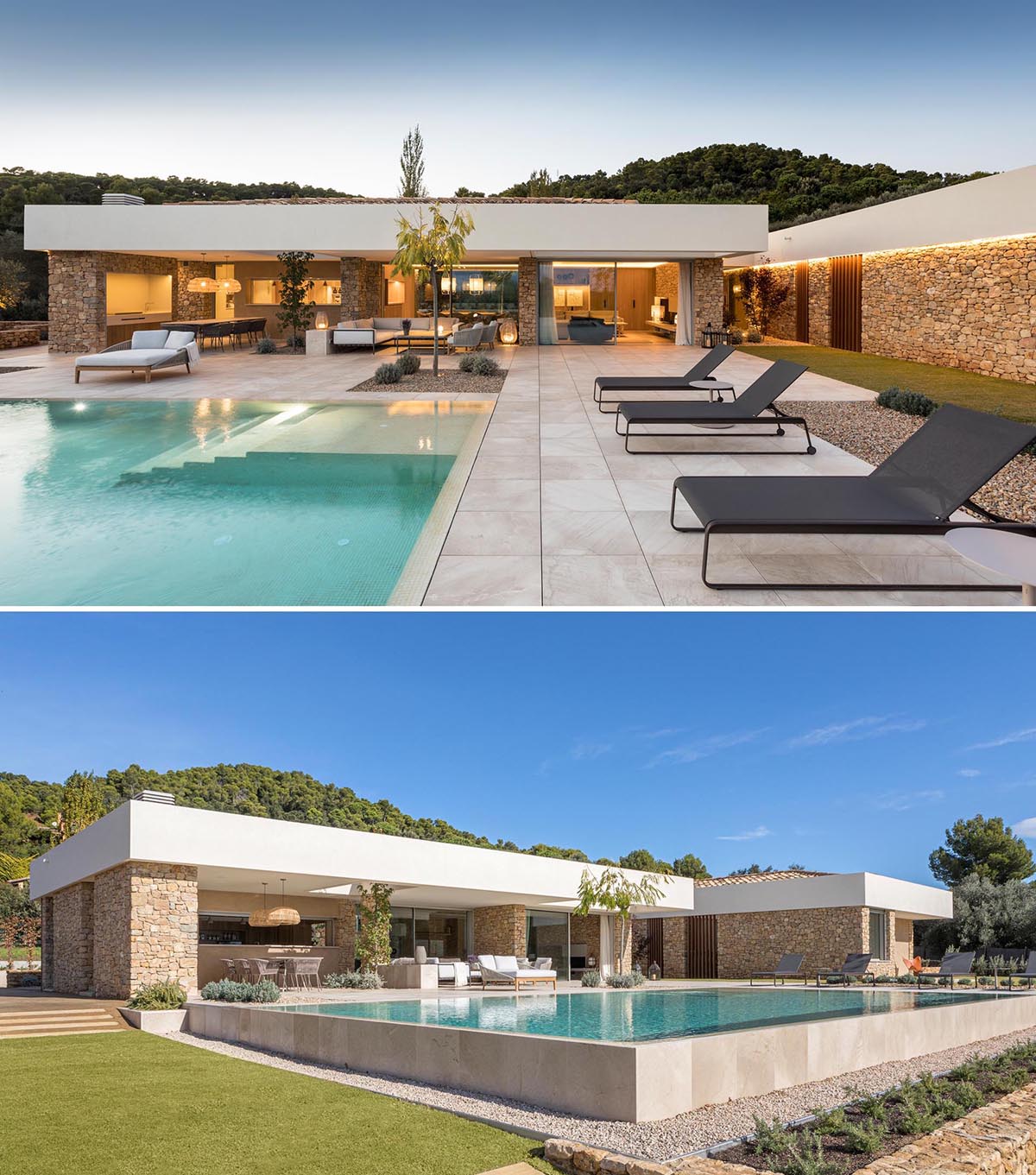 A modern stone house with a large swimming pool, expansive patio, and outdoor living spaces.
