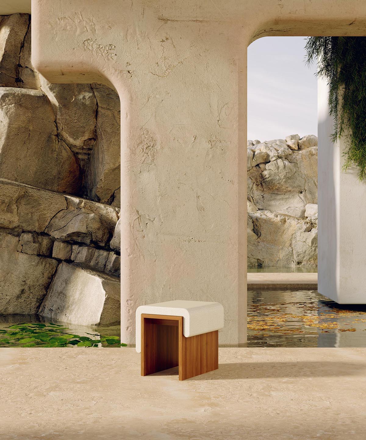 A modern wood and white stool designed as part of the 'Melt Collection'.