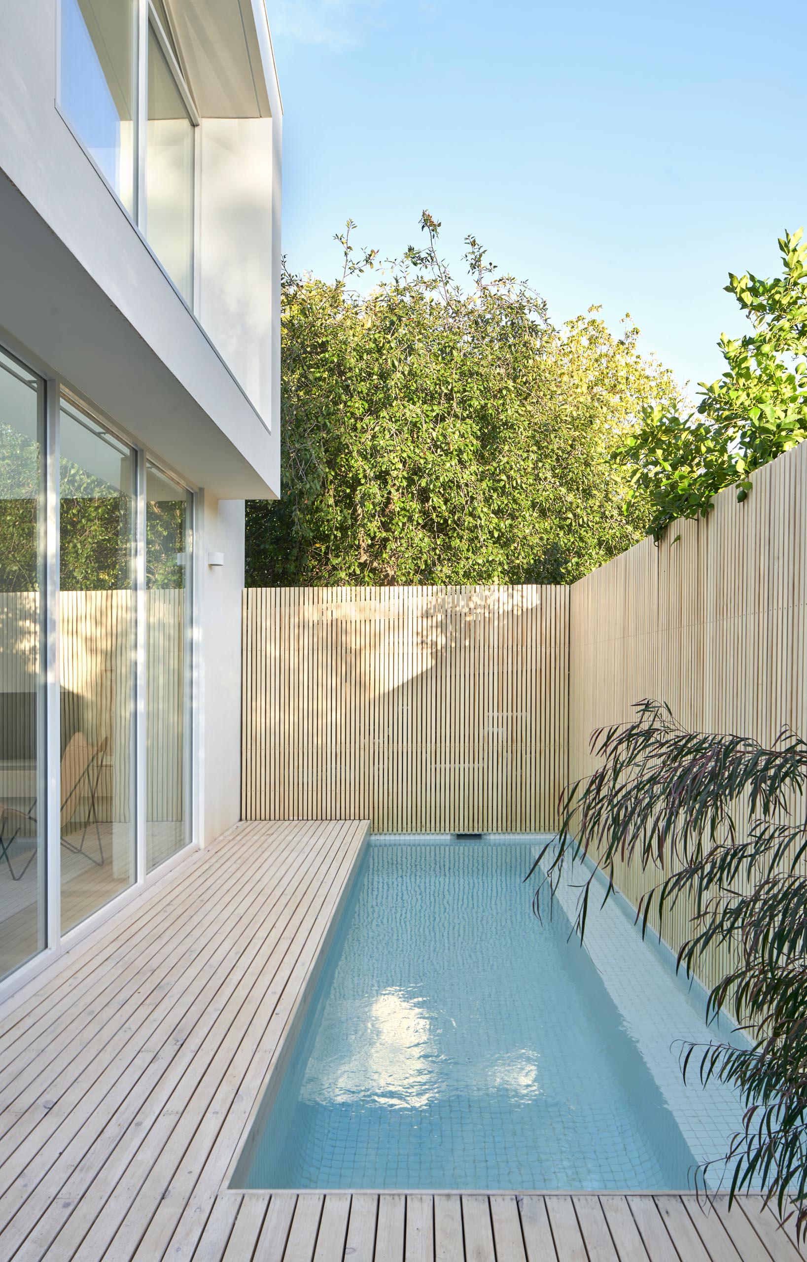 A modern house with a small plunge pool and a fence for privacy.